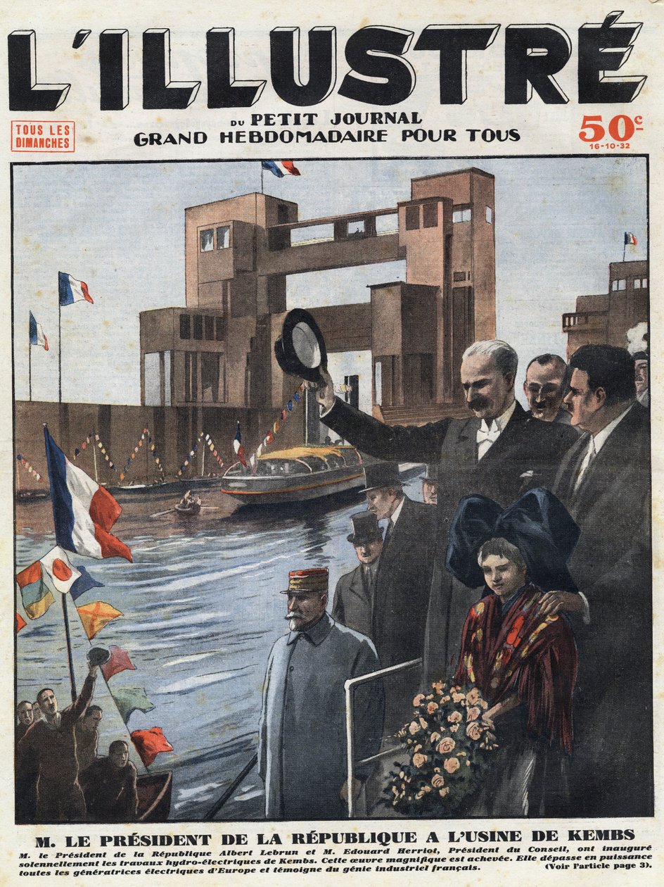Fransk industri: Albert Lebrun (1871-1950), president for republikken og Edouard Herriot (1872-1957), president for rådet innviet vannkraftverket Kembs i Haut-Rhin (Haut Rhin) i Alsace. Overskriftsgravering av "" L