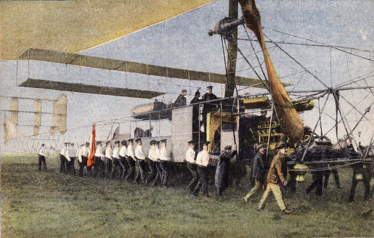 Fra Compiegne til London med luftskip: Engelske soldater sleper Bayard-Clement luftskipet i hangaren ved Wormwood Scrubbs. Gravering. En av avisen "" Le petit parisien"" den 30.10.1910. Privat samling. av Anonymous Anonymous