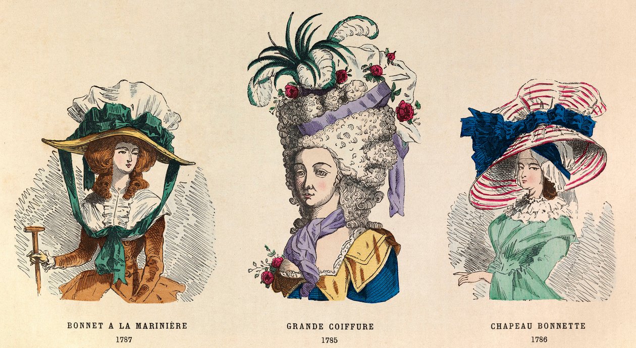 Fra venstre til kråke: Hat a la mariniere i 1787; Grande Hairstyle i 1785 og Hat Bonnette i 1786 - privat samling av Anonymous Anonymous