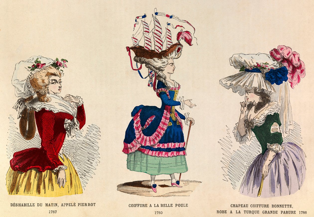 Fra venstre til høyre: Deshabille du matin kalt Pierrot i 1787; Frisyre a la Belle Choule i 1780; Hatt hatt og kjole en tyrkisk flott utsmykning i 1786 - privat samling av Anonymous Anonymous