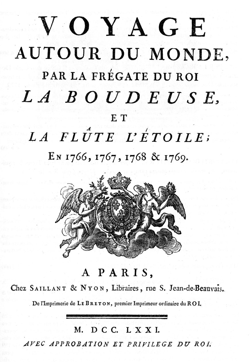 Frontispice fra 1771 av boken "Voyage Around the World by the King