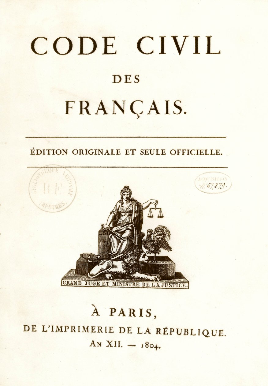 Frontispice av en av de tolv originalutgavene av "Code civil des francais"" kunngjort av Napoleon Bonaparte 21.03.1804. fransk lov om borgerrettigheter. B.N. Paris av Anonymous Anonymous
