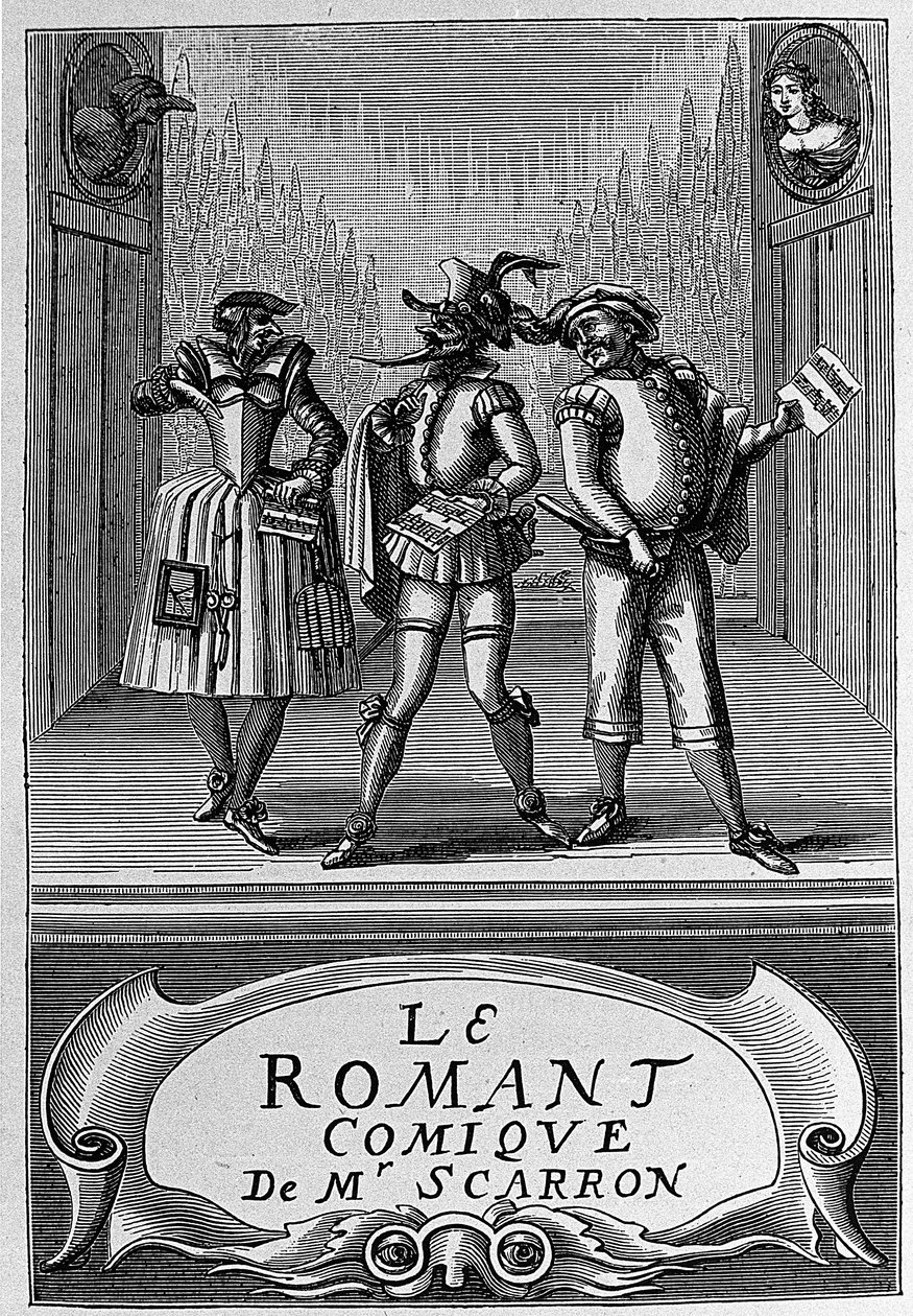 Frontispice av boken "The Comic Roman" av Paul Scarron (1610-1660), fransk forfatter. Gravering fra 1700-tallet. av Anonymous Anonymous
