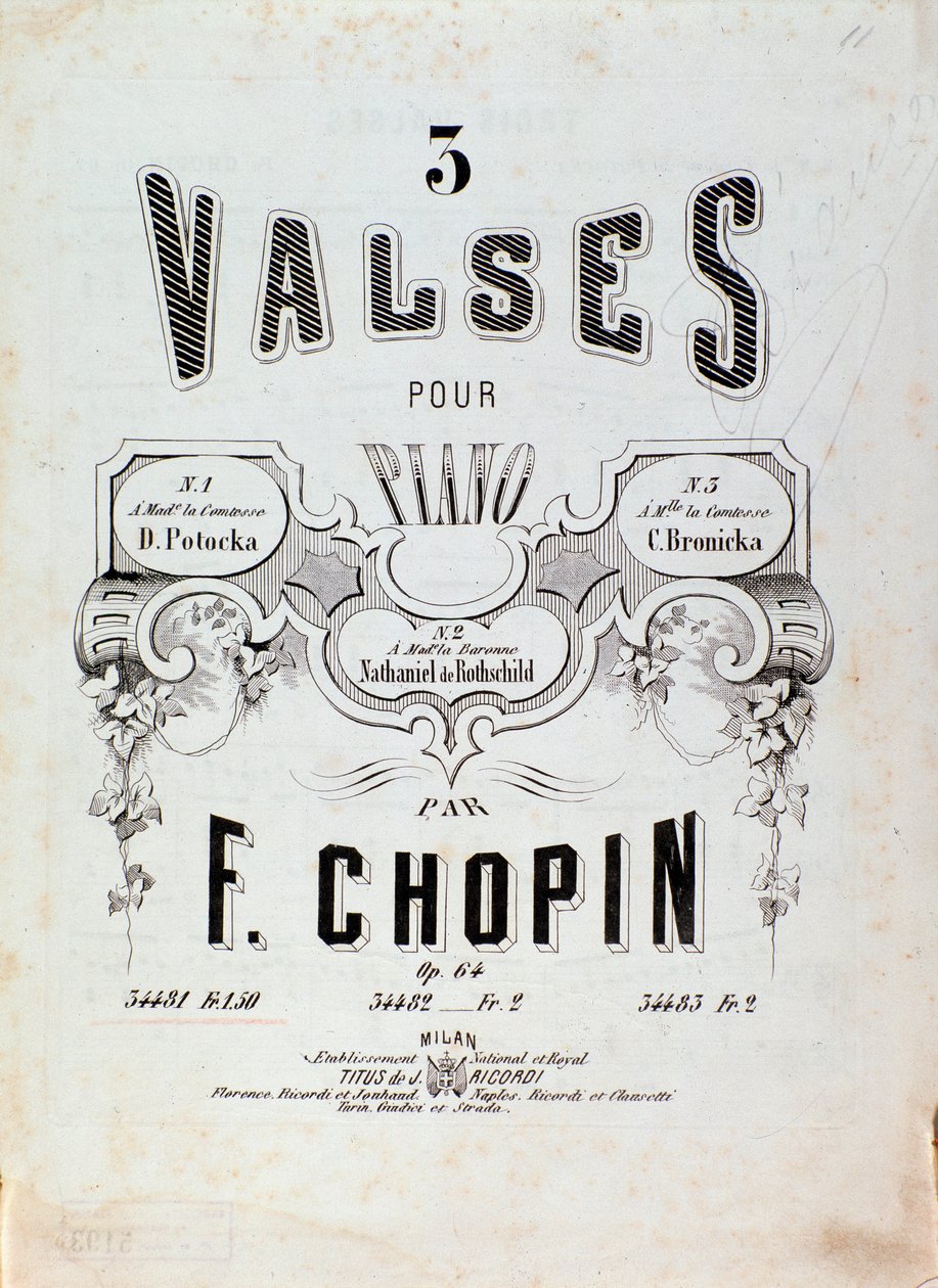 Frontispice av partituret til "3 valser for piano" av Frederic Chopin (1810-1849) Privatsamling fra 1800-tallet av Anonymous Anonymous