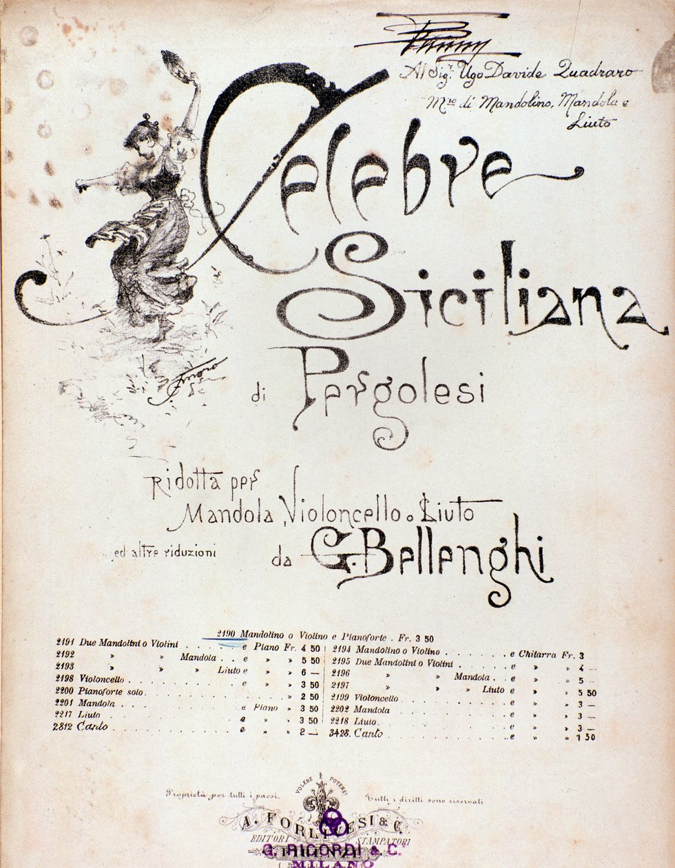 Frontispice fra musikalsk partitur av Celebre siciliana tilskrevet GB Pergolese av Anonymous Anonymous