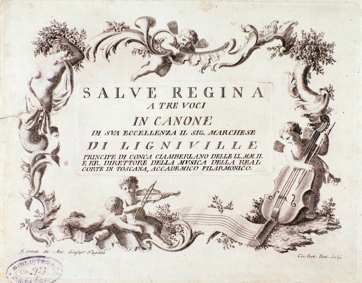 Frontispice av et partitur av Salve Regina-salmen for tre stemmer av markis av Ligneville (1768) av Anonymous Anonymous