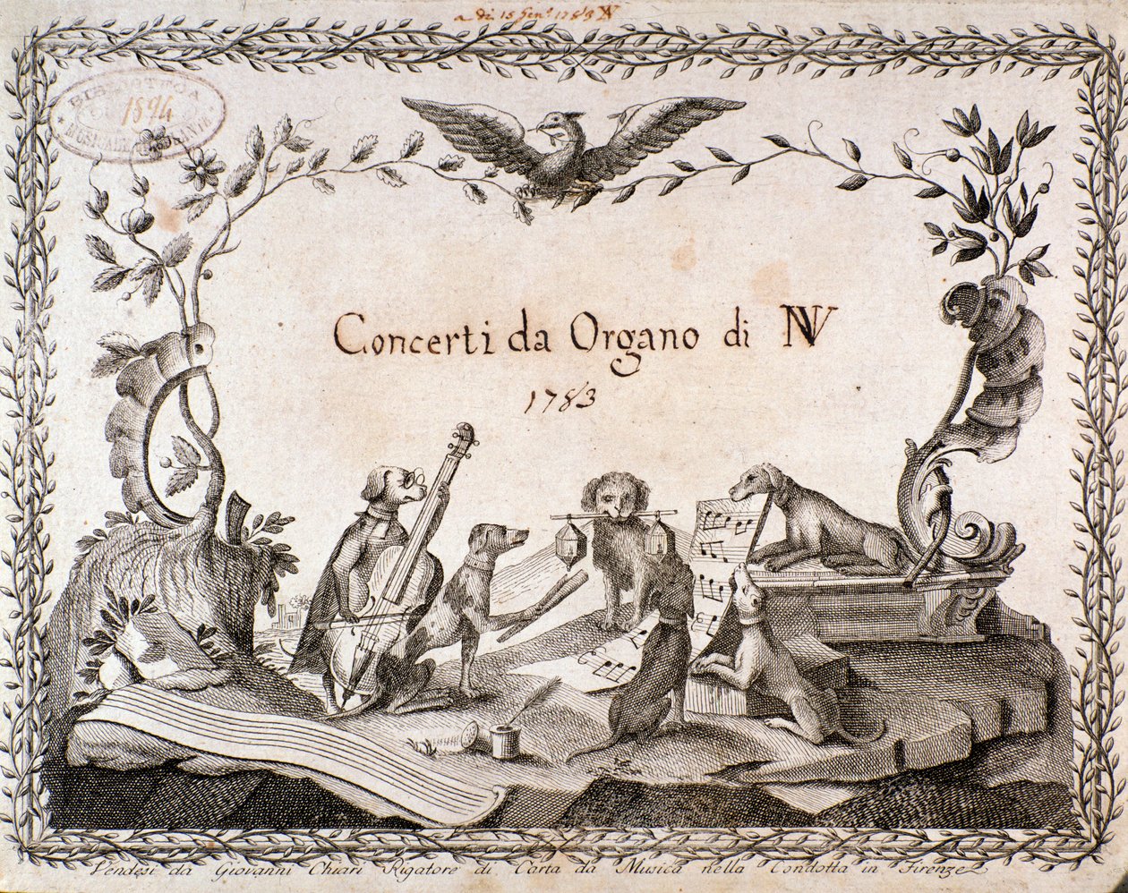 Frontispice av et partitur med representasjon av dyr som spiller musikkinstrumenter (1783) av Anonymous Anonymous
