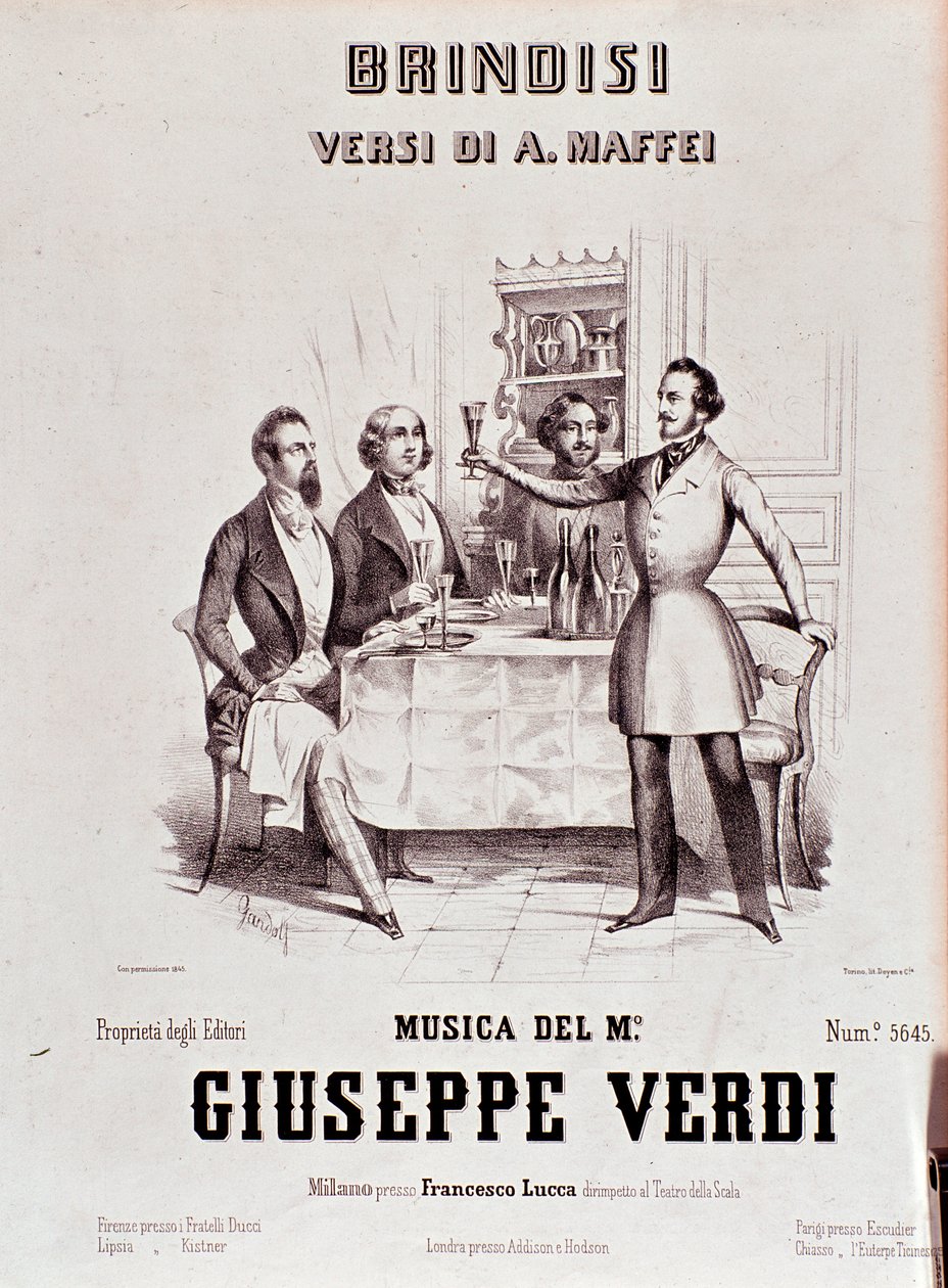 Frontispice av musikalsk partitur av Brindisi av Giuseppe Verdi etter Andrea Maffei-poesi av Anonymous Anonymous