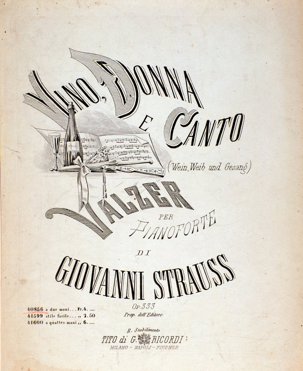 Frontispice av musikalsk partitur av Vin, kvinner og sanger av Johann Strauss av Anonymous Anonymous