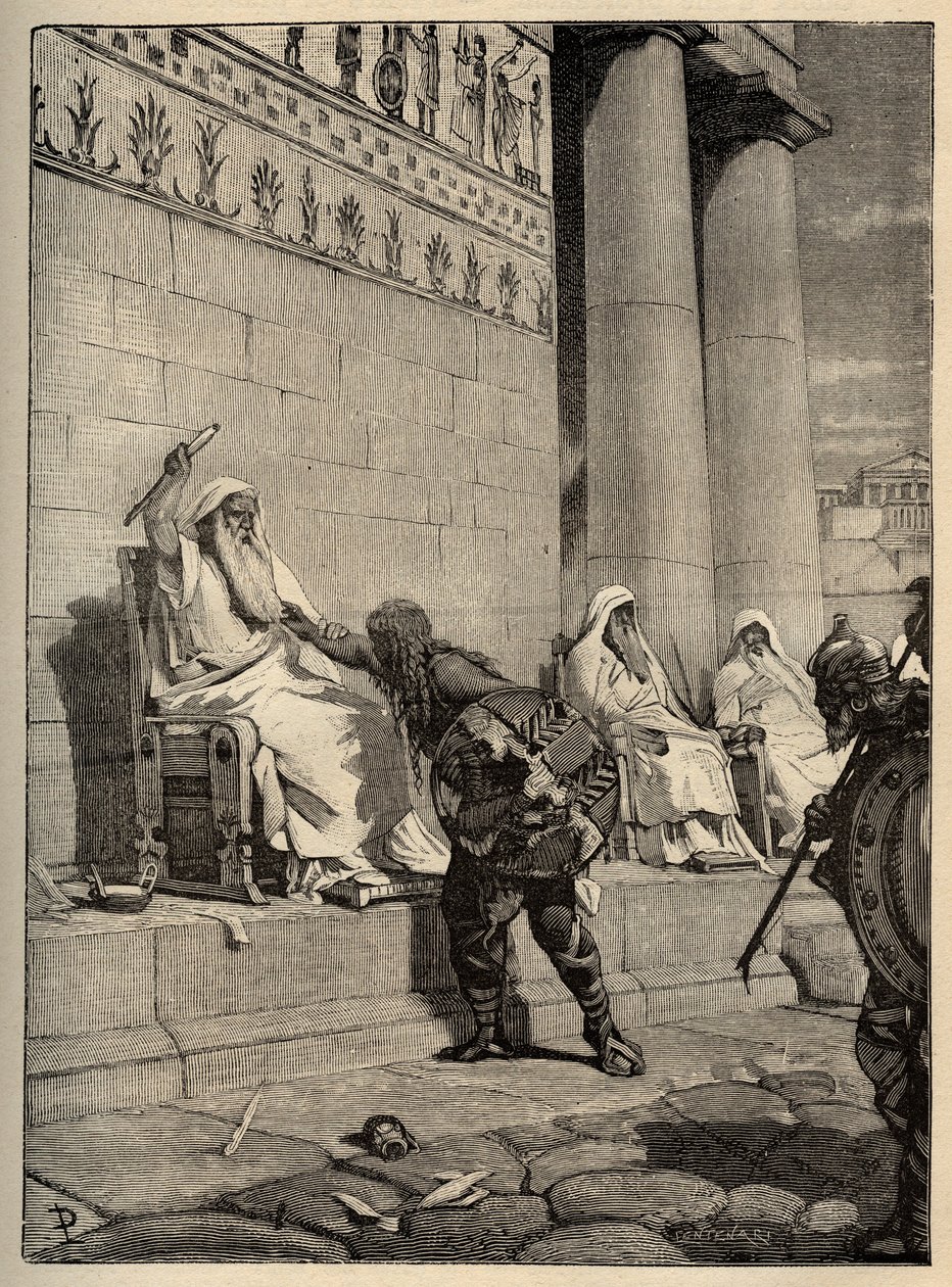 Gallisk leder Brennus (Brennos) vender tilbake til den romerske hovedstaden i 390 f.Kr. - Gallerne i Roma - Plyndringen av Roma - gravering 1890 av Anonymous Anonymous