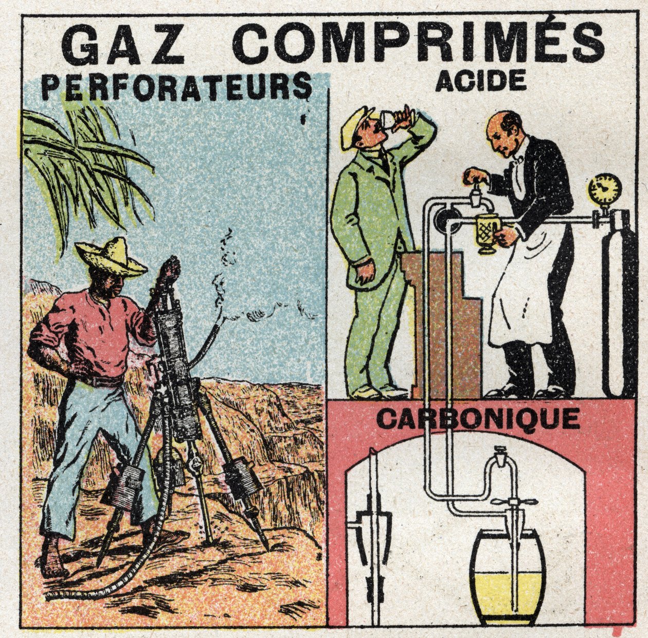 Gasstrykk: gasspanner som brukes til trykkluftbor og til produksjon av øl. Anonym illustrasjon fra 1925. Privat samling. av Anonymous Anonymous