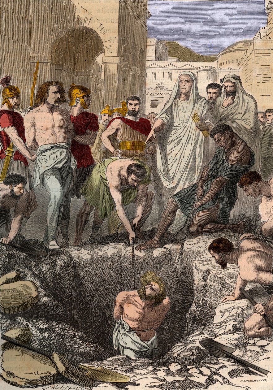 Gauls buried by the Romans - Engraving of the 19th century in “” National History illustrated of France from the most remote times to the present day” 1876 - Private collection av Anonymous Anonymous