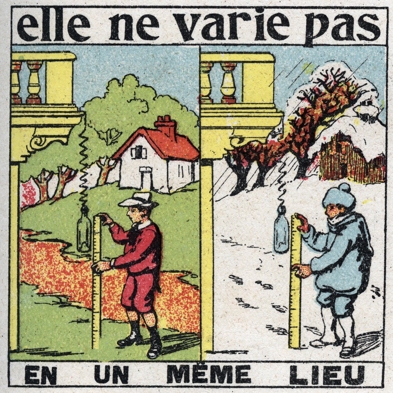 Kornethet: det varierer ikke på ett sted. Et barn som måler tyngdekraften med en fjær på samme sted sommer og vinter. Anonym illustrasjon fra 1925. Privat samling. av Anonymous Anonymous