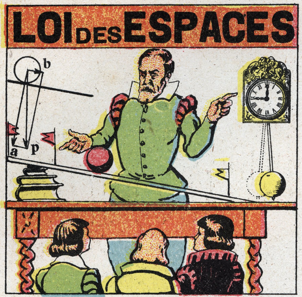 Grainness: law of spaces. Galilee (or Galileo Galilei (1564-1642) observes the movement of a ball on an inclined plane to study the fall of bodies. Anonymous illustration from 1925. Private collection. av Anonymous Anonymous