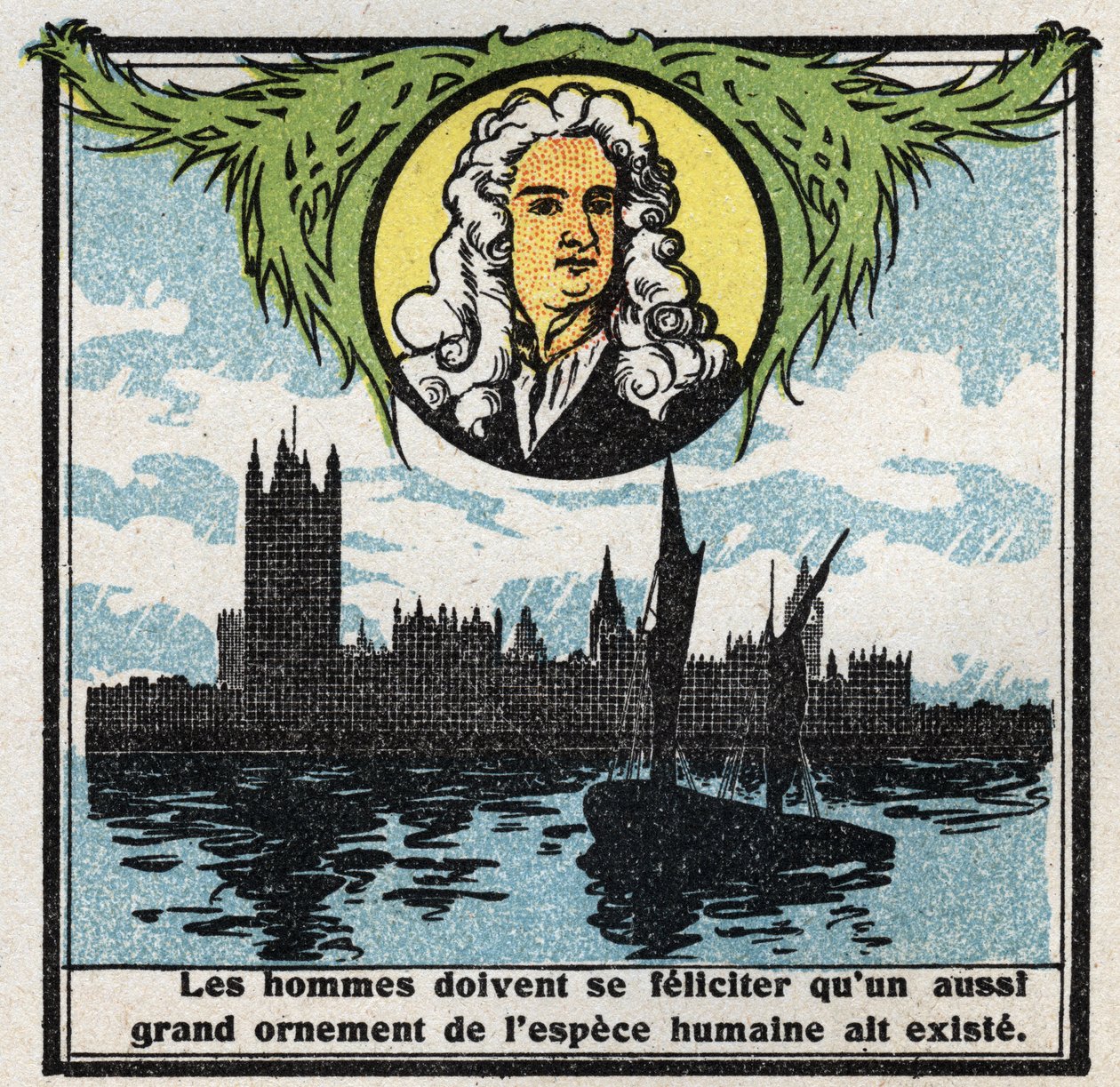 Gravitasjon: portrett av Isaac Newton (1642-1727) som oppdaget tyngdelovene (gravitt). Anonym illustrasjon fra 1925. Privat samling. av Anonymous Anonymous