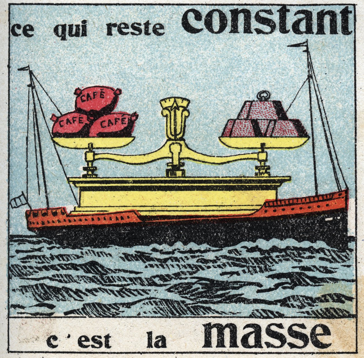 Gravity: mass remains constant. A huge scale with weights balancing coffee bags, all lays on a boat. Anonymous illustration from 1925. Private collection. av Anonymous Anonymous