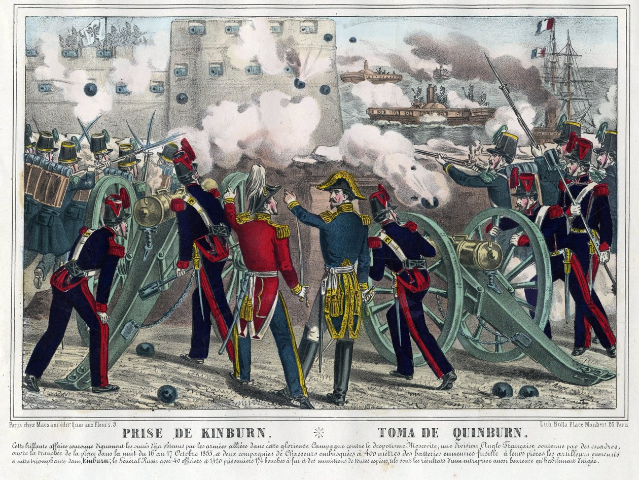 Guerre de Crimee - Bataille de Kinburn (1855) - Bombardement av Kinburn - Anonym - 1857 - Litografi, akvarell - 29,5x42,7 - Privat samling av Anonymous Anonymous