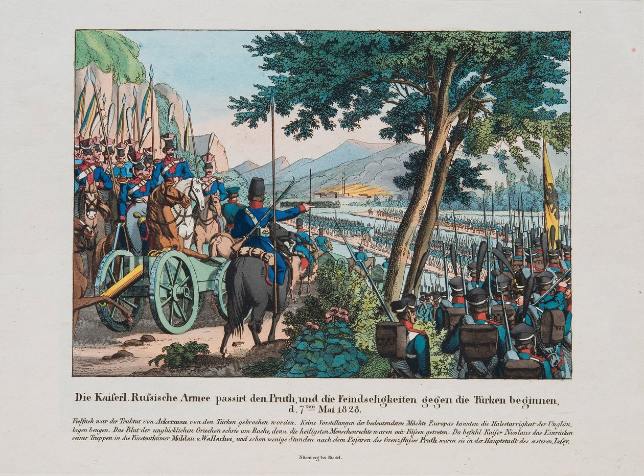 Guerre russo-turque de 1828-1829 - Russisk hær krysser Pruth-elven inn i Moldavia i mai 1828 par Anonymous, ca. 1830 - Etsning, akvarell av Anonymous Anonymous