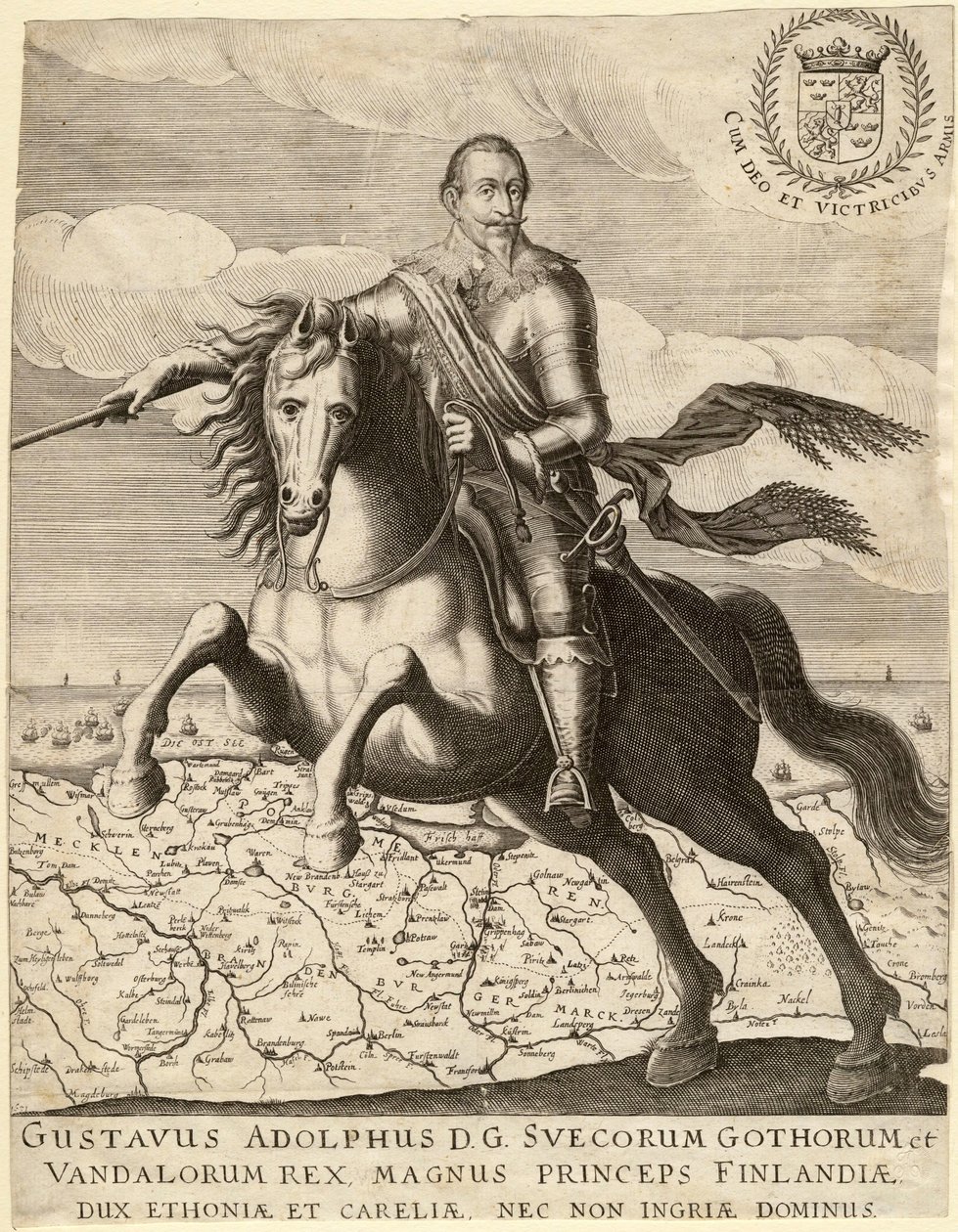 Gustave II Adolphe, dit le Grand ou le lion du Nord (1594-1632), roi de Suede, chevauchant la carte de Pomeranie - Gustavus Adolphus før kartet over Pommern i bakgrunnen - Anonym - 1630 - Kobberstikk - 30,4x23, 9 - Privat samling av Anonymous Anonymous