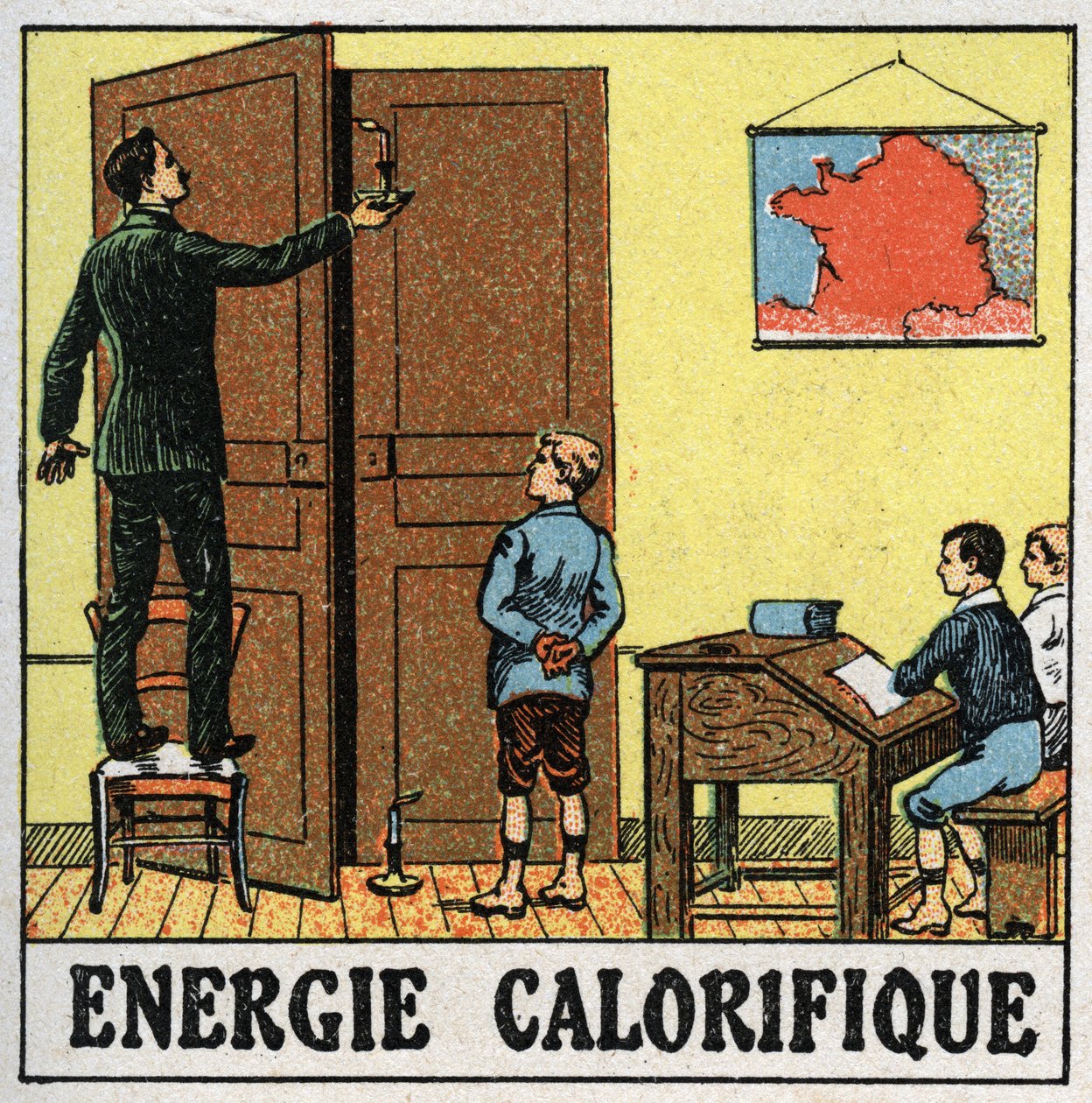 Heat energy: a teacher in a classroom holds a candle near an open door. Anonymous illustration from 1925. Private collection. av Anonymous Anonymous