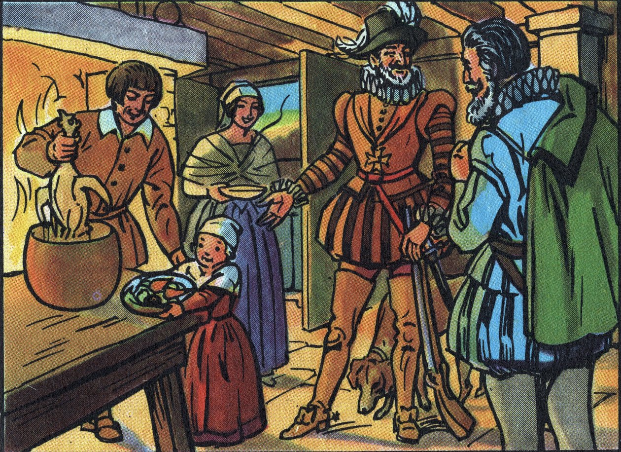 Henry IV og kyllingen i gryta. Anonym illustrasjon i ""Samling av Frankrikes suverene og statsoverhoder"". Det 20. århundre. Privat samling. av Anonymous Anonymous