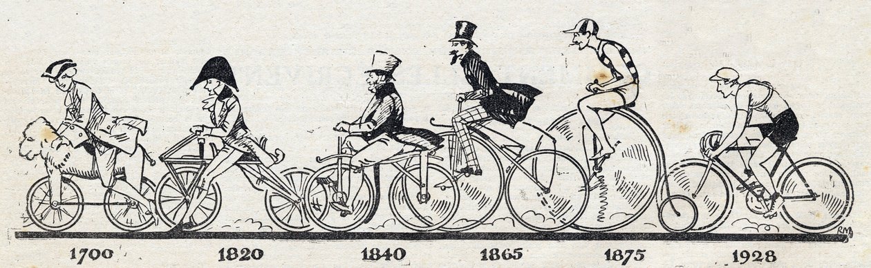 Sykkelens historie: forskjellige sykkelmodeller fra 1700 til 1928. Gravering i "" Le petit journal illustrious"" av Anonymous Anonymous