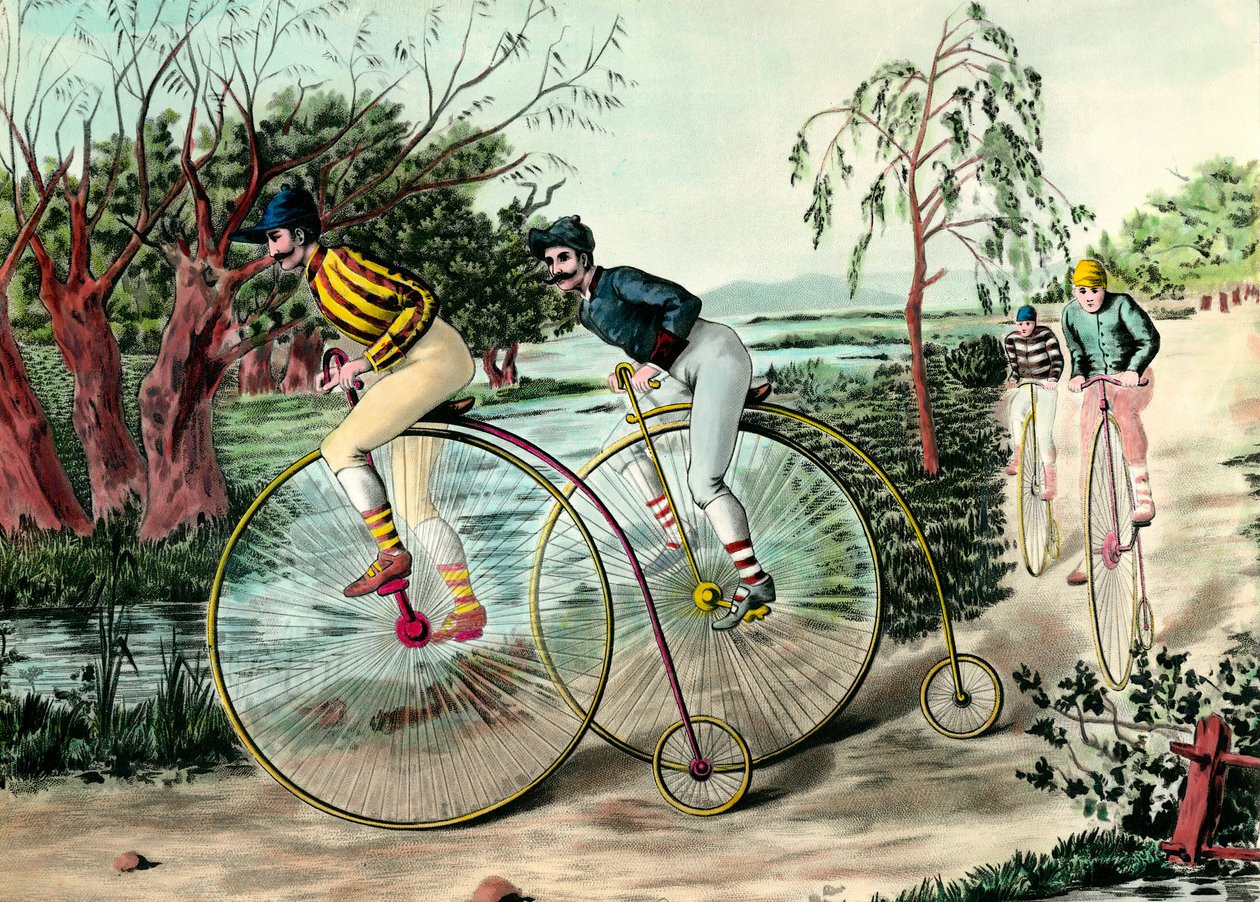 Sykkelens historie: race of grand bi (grand bi). Gravering av det 20. århundre. Privat samling av Anonymous Anonymous