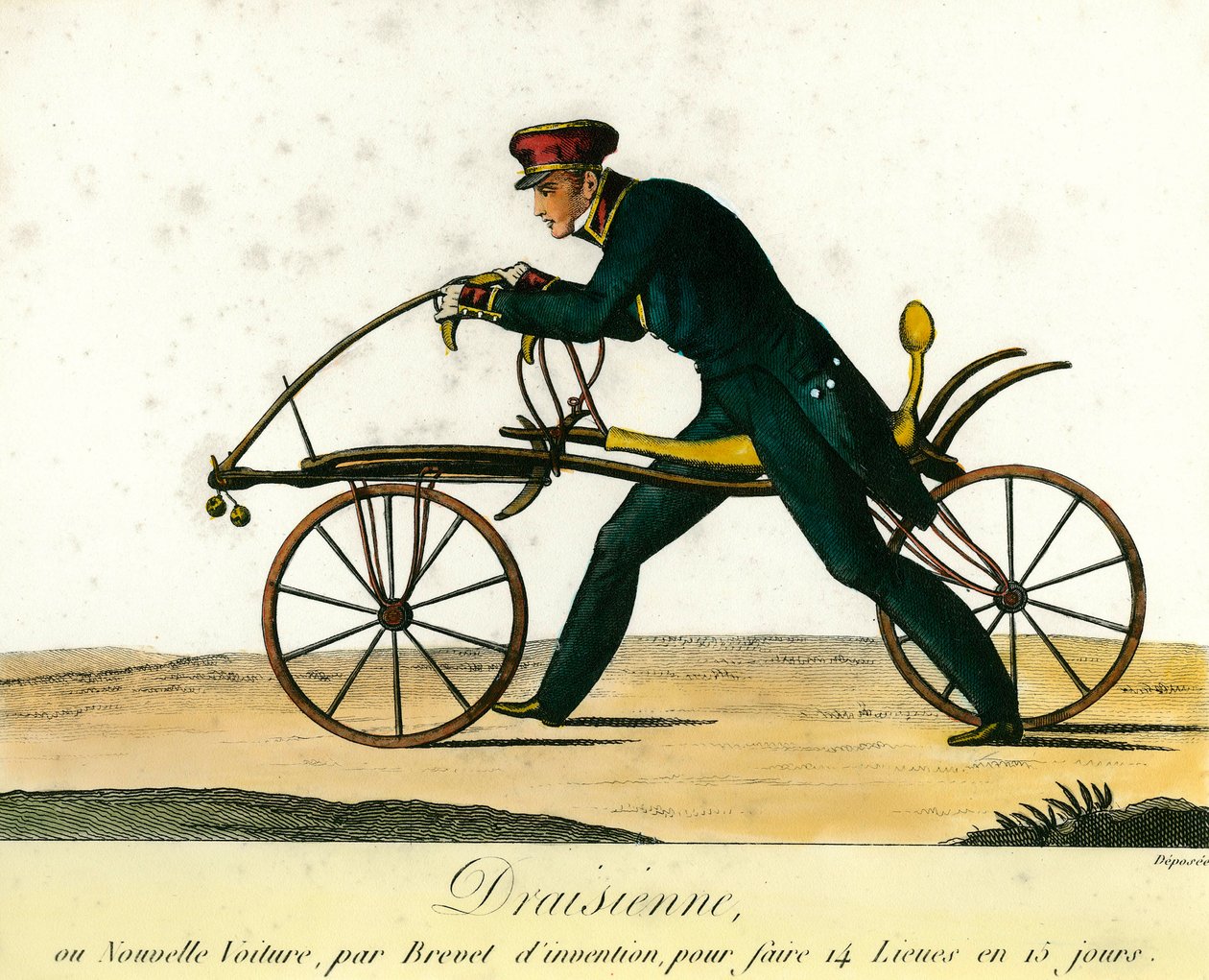 Sykkelens historie: draisienne, en veldig populær ny bil rundt 1818. Gravering fra 1818. Privat samling av Anonymous Anonymous