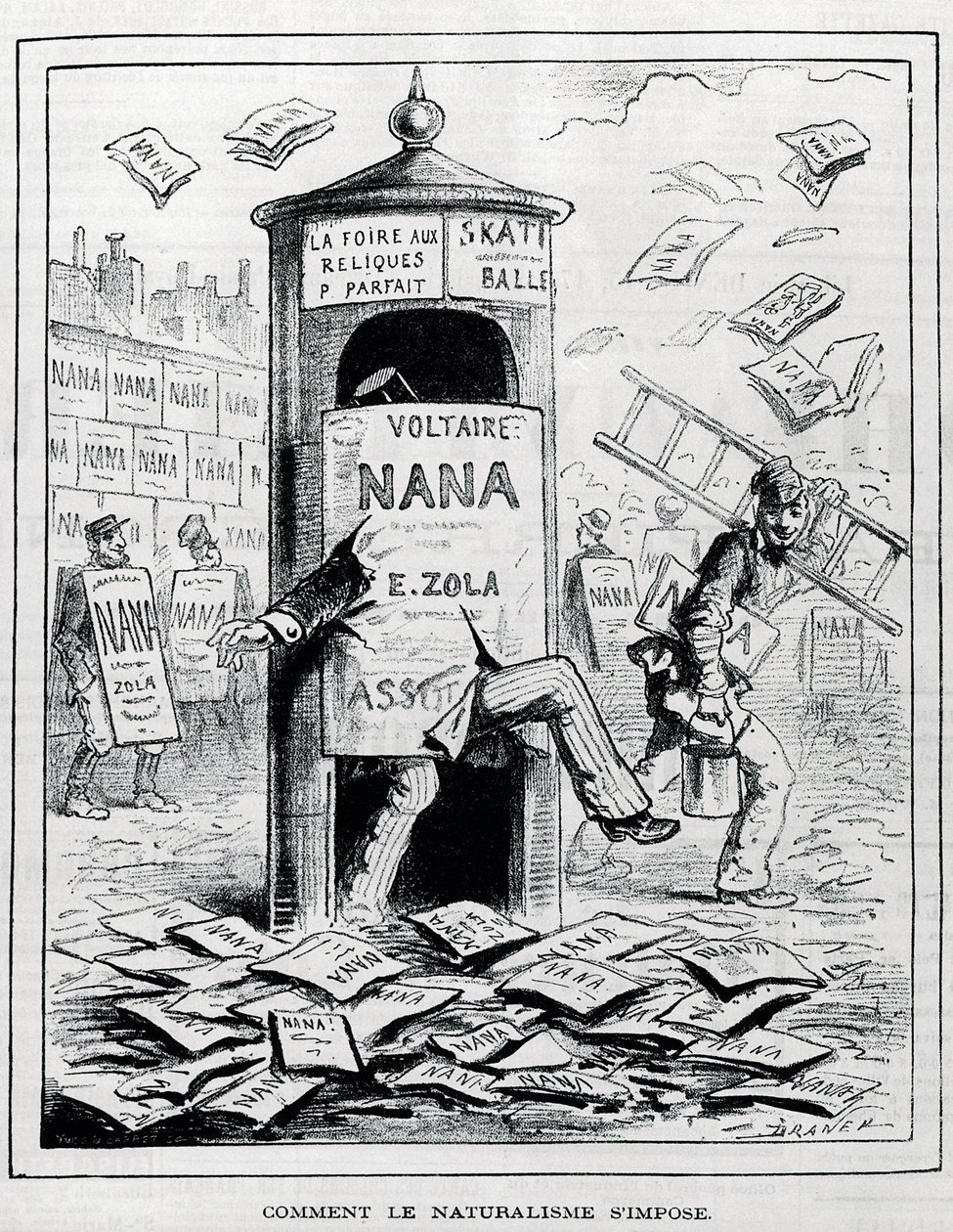 Hvordan naturalisme påtvinges: satirisk tegning på den naturalistiske romanen om boken "Nana" av Emile Zola. Gravering fra 1800-tallet. Privat samling. av Anonymous Anonymous