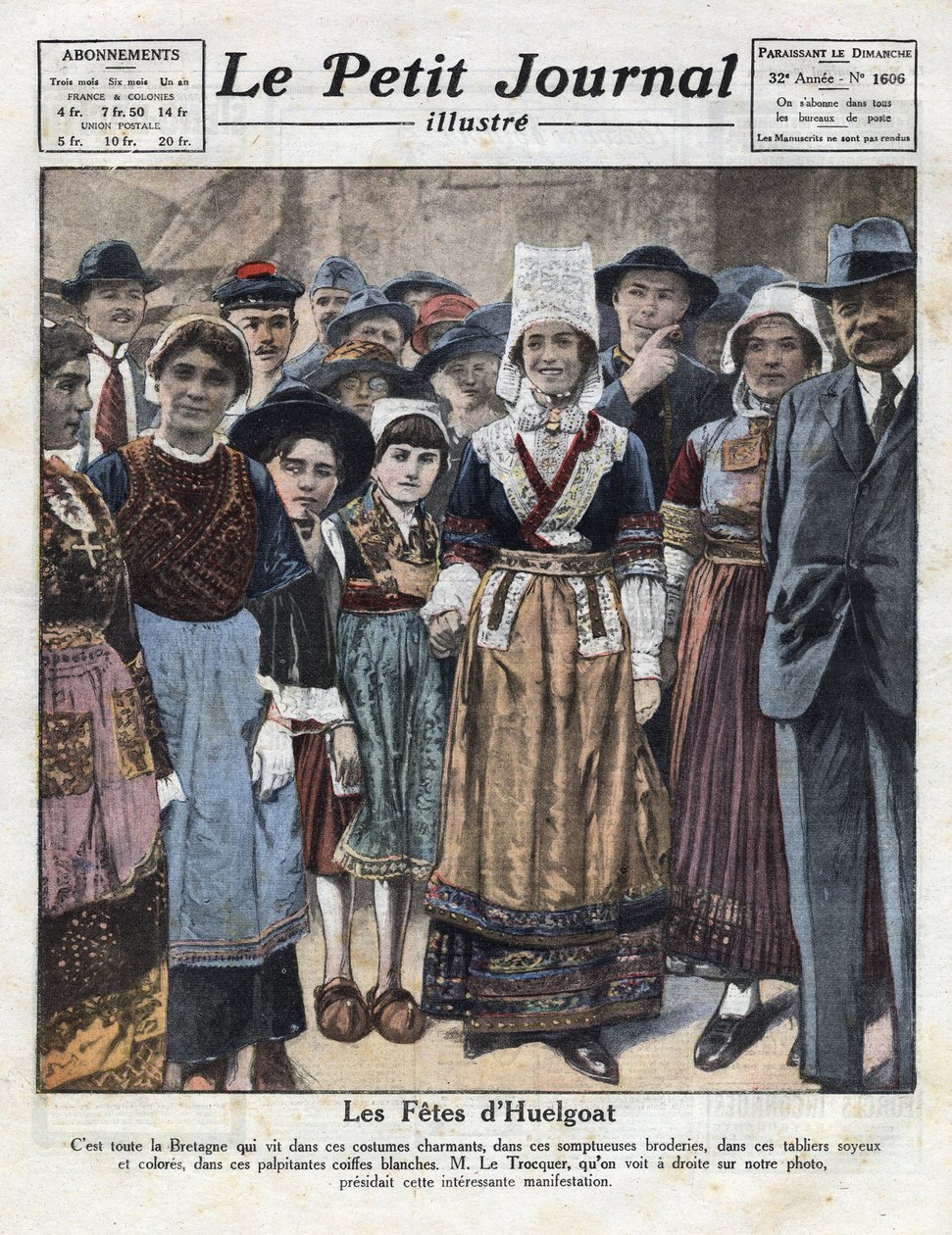 Huelgoat fester i tradisjonell bretonsk drakt i anledning et initiativ til fordel for gjenoppliving av regionale skikker. Illustrasjon hentet fra "" Le petit journal illustrious""" av 09/10/1921. Privat samling av Anonymous Anonymous