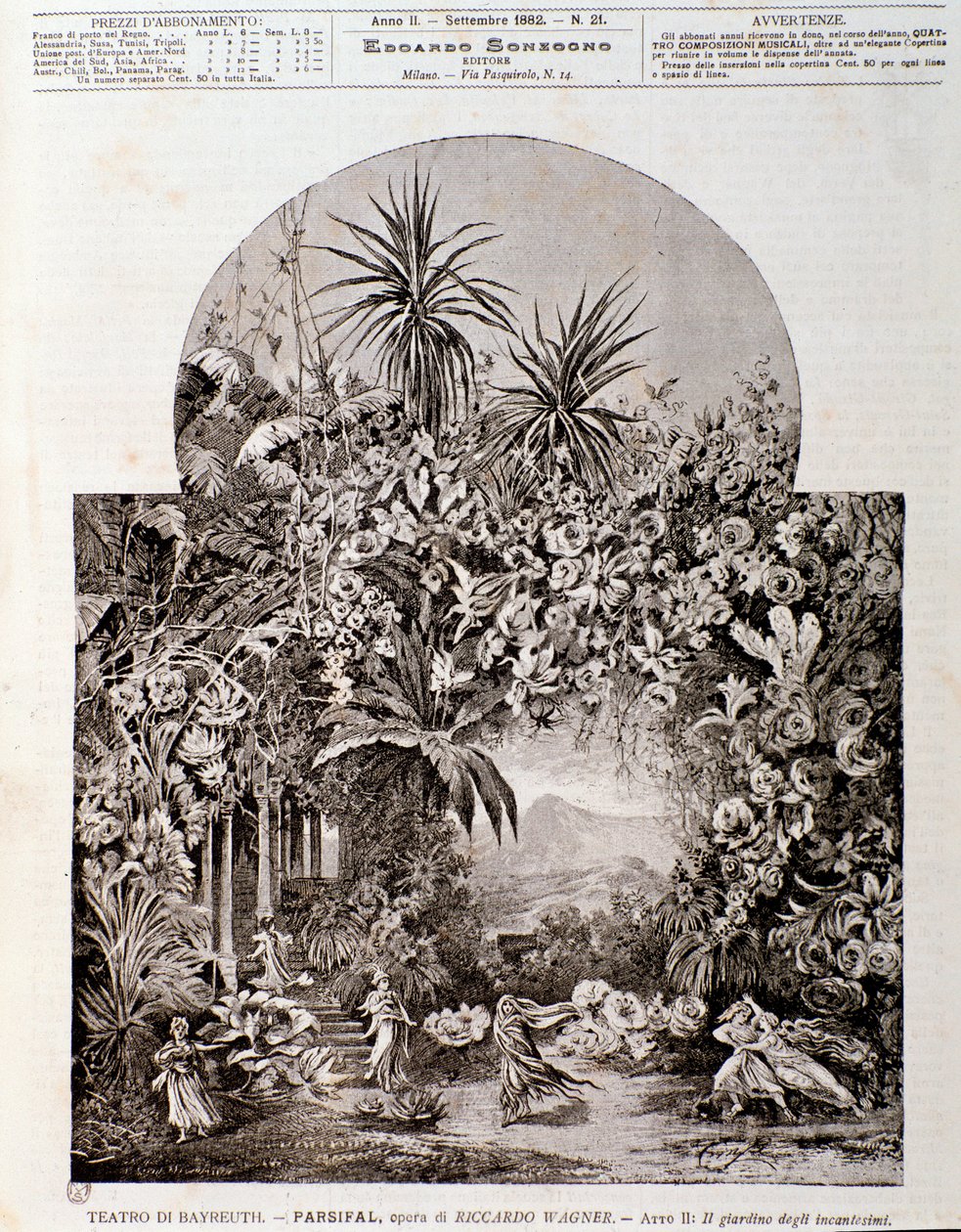 Illustrasjon for operaen Parsifal av Wagner, representert i 1882 på teateret i Bayreuth av Anonymous Anonymous