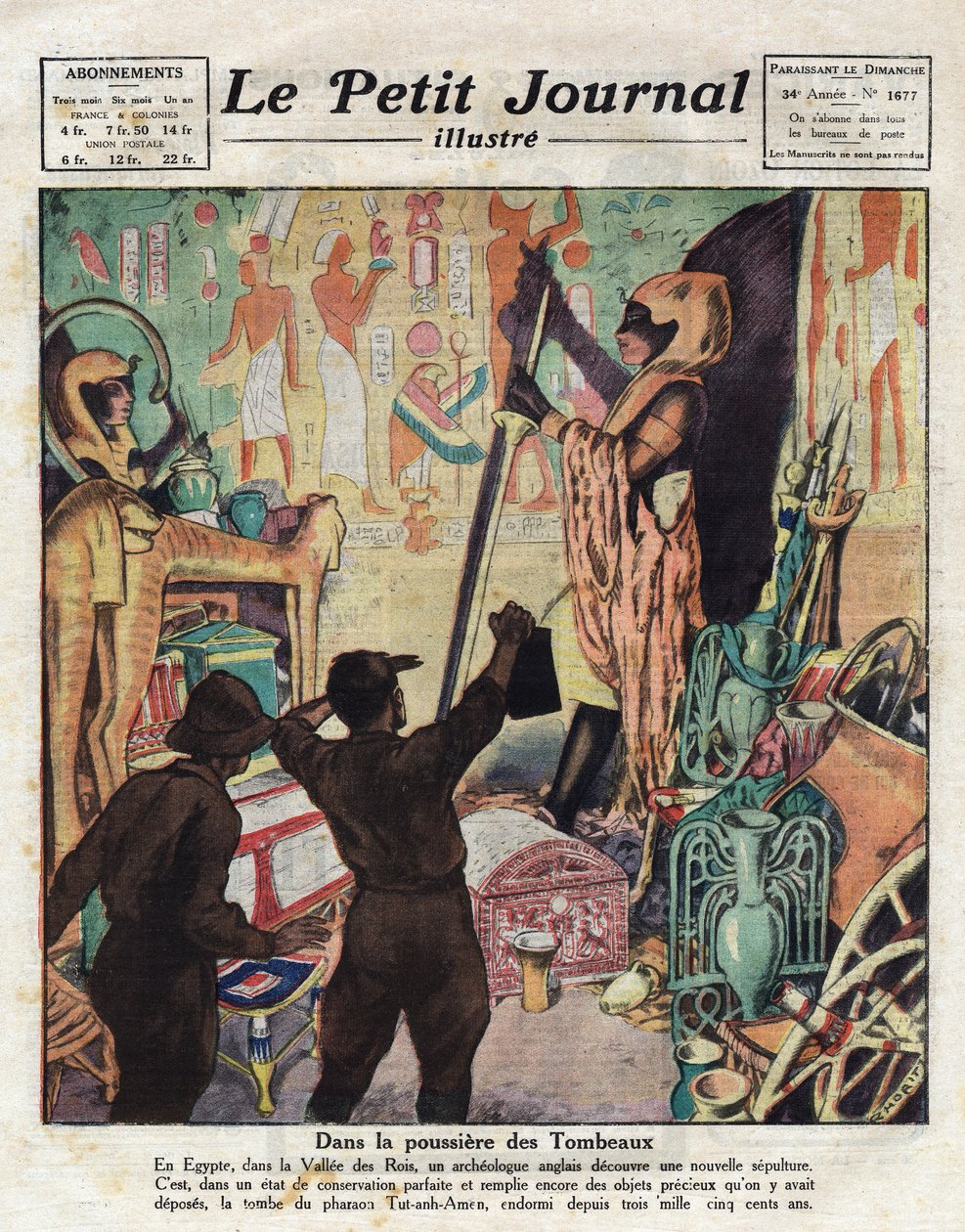 I november 1922 gikk den engelske egyptologen Howard Carter og Lord Carnarvon for første gang inn i graven til farao Tutankhamun - Illustrasjon fra "Le Petit Journal" 11/02/1923 (gravering) av Anonymous Anonymous