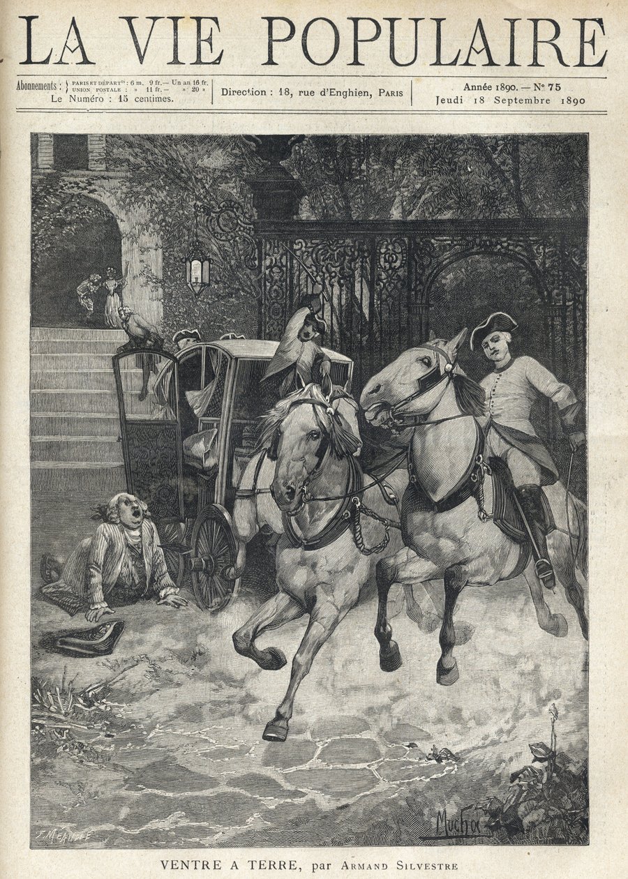 In front of the staircase of a small castle, a young rider arrives in the courtyard, has all speed, spitting his horse and panicking the horses of the coupling parked by the gate, a large man wearing a protested wig stretches on the ground after a fall due av Anonymous Anonymous