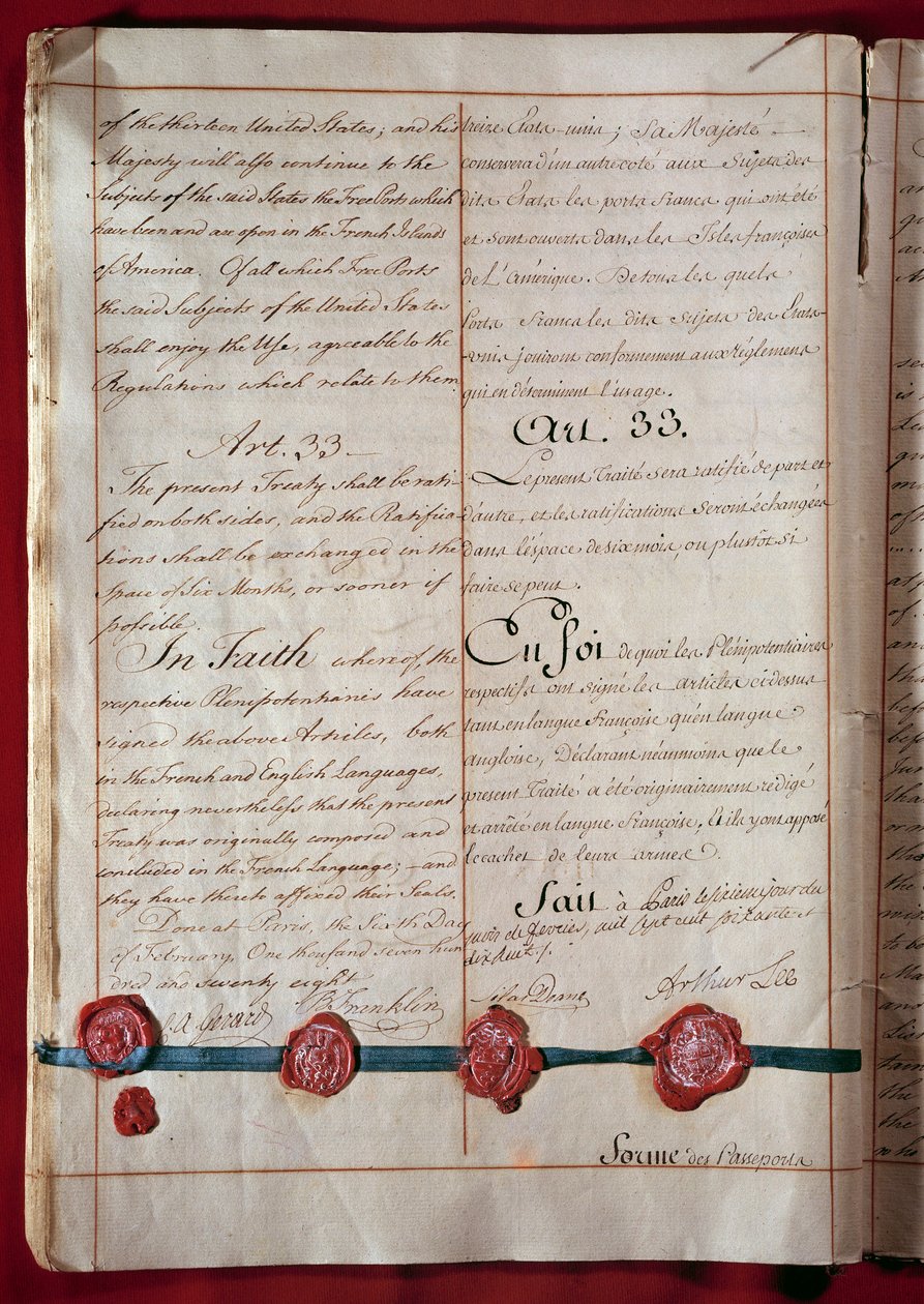 Uavhengighet av USA: handel med vennskap og handel mellom Frankrike og USA (representert av Benjamin Franklin) stammer fra februar 1778 på begge språk. 1778 Paris, Utenriksdepartementet av Anonymous Anonymous