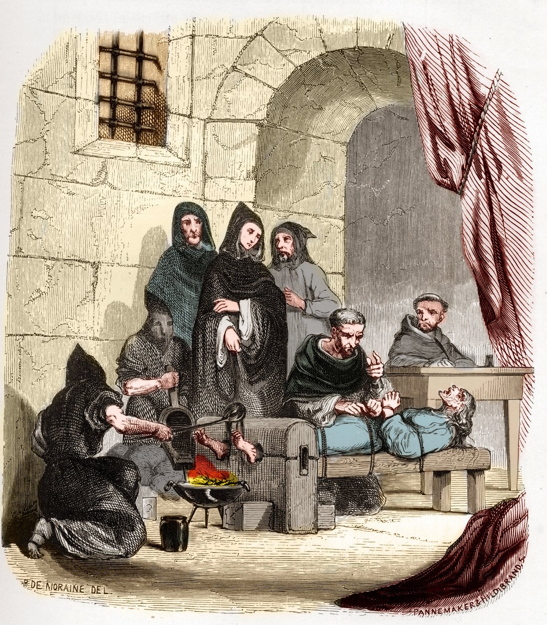 Inquisition in Spain in the 15th century: Mary of Burgundy (1457-1482), accused of being Jewish, is tortured by (saint) Peter (Pedro) of Arbues (1441/1442-1485), Spanish inquisitor: he is burning his feet. Illustration in “” Mysteres of the Inquisition and av Anonymous Anonymous