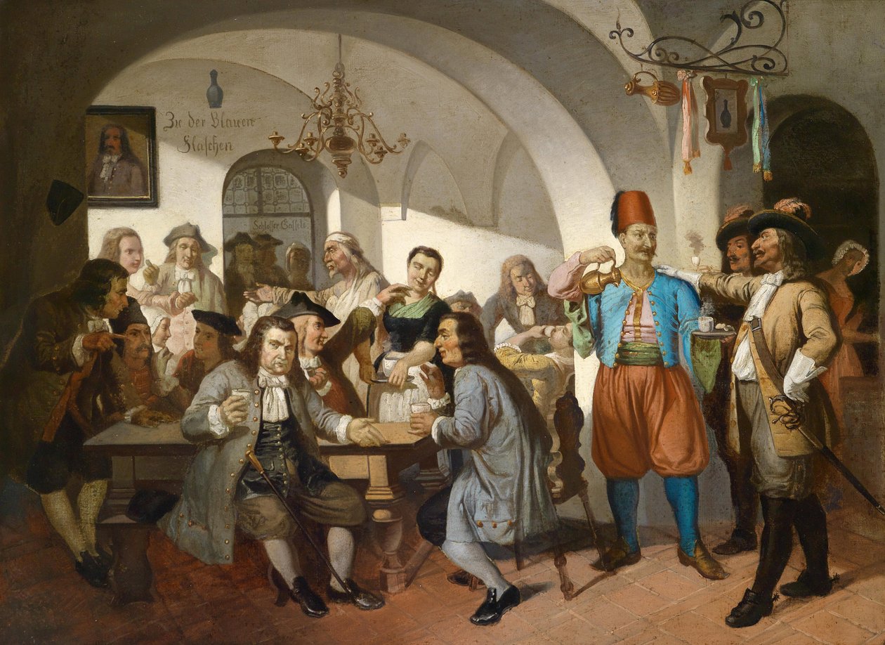 ""Interiør av en kafé i Wien, Østerrike"" (Old Vienna Coffee House Scene) Anonymt maleri rundt 1900 Dim 63x100 cm Privat samling av Anonymous Anonymous