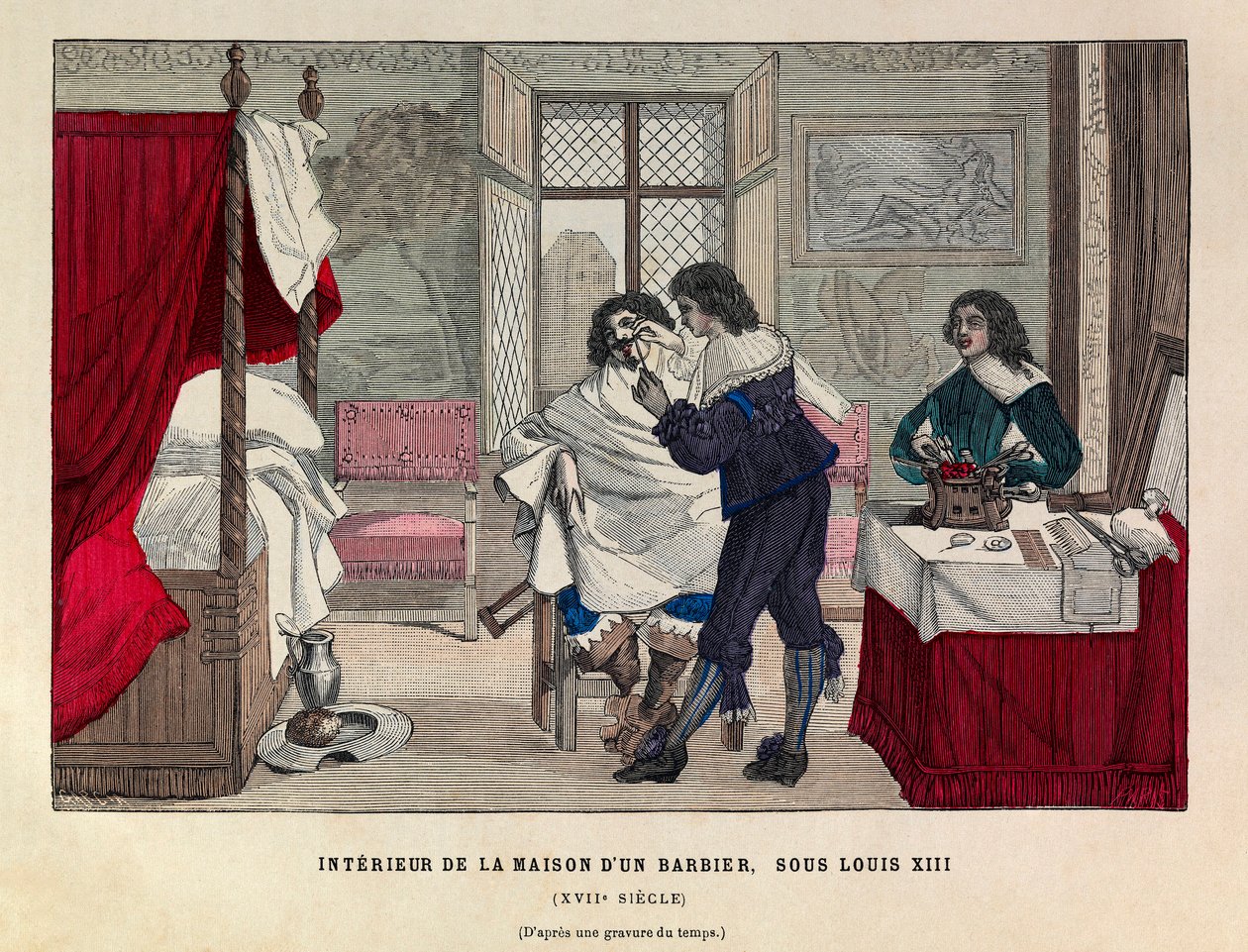 Interiør av et frisørhus i Paris under kong Ludvig XIIIs regjeringstid på 1600-tallet - Interiør av et frisørhus, regjeringstid til kongen Ludvig XIII av Frankrike 1600-tallet - privat samling av Anonymous Anonymous