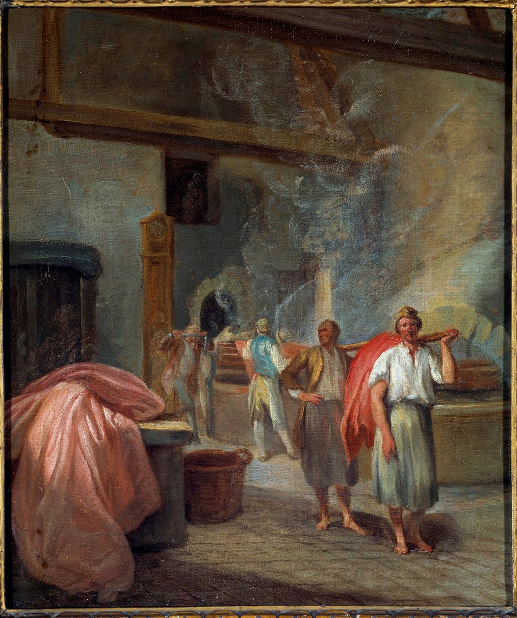 Interiør i et fargeverksted på Les Gobelins Anonymous maleri. 1760. Dim 0,37 x 0,30 m Paris, Musee Carnavalet av Anonymous Anonymous