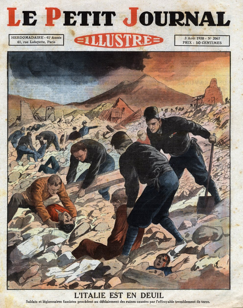Italia er i sorg: soldater og fascistiske legionærer (svarte skjorter) fortsetter med å nøste opp ruinene forårsaket av det forferdelige jordskjelvet øst for Napoli. Gravering. En av avisen "" Le Petite Journal Illustrous"", den 3/08/1930. Privat samling. av Anonymous Anonymous
