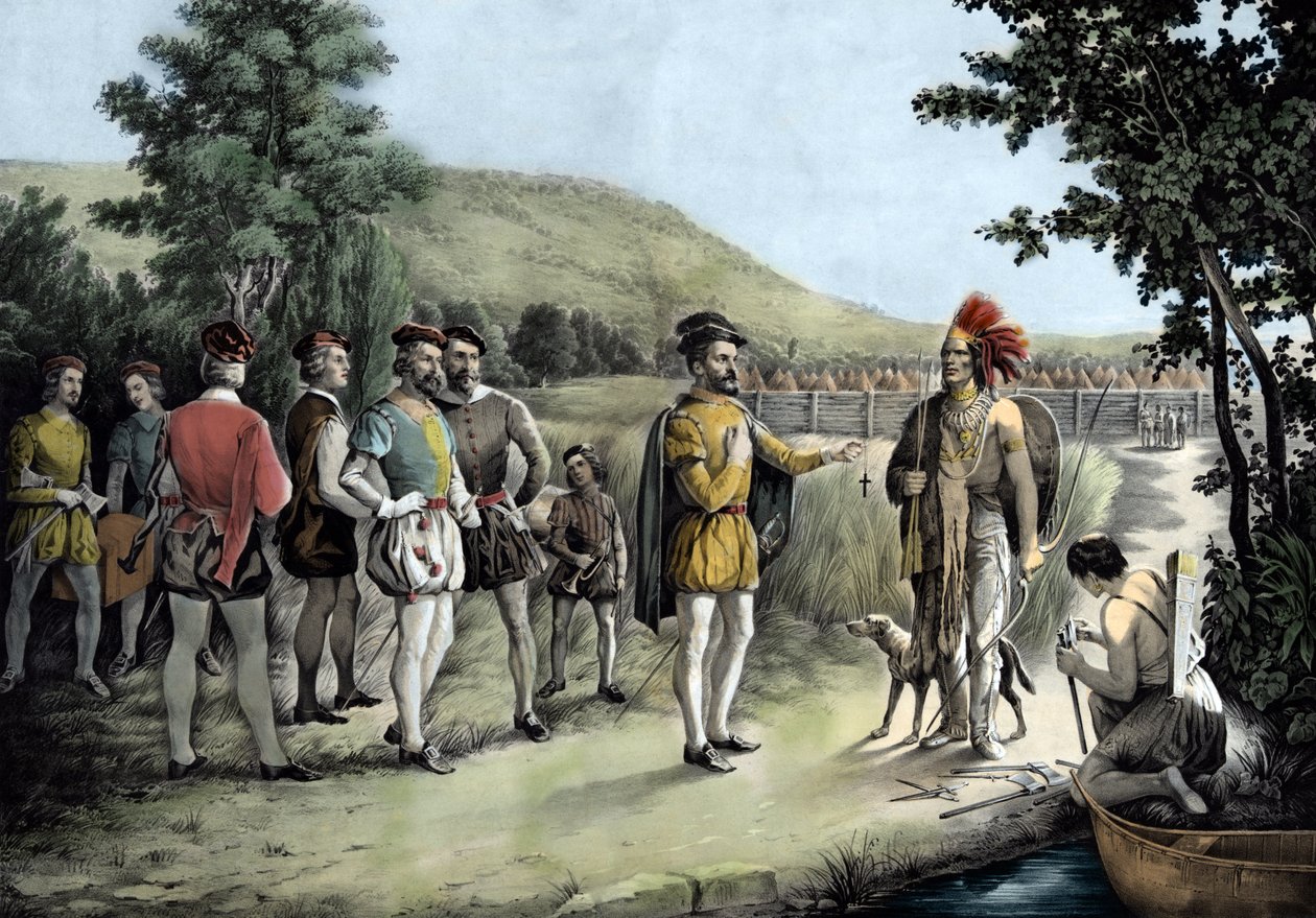 Jacques Cartier, hans første intervju med indianerne ved Hochelaga nå Montreal i 1535 (litho av Anonymous Anonymous