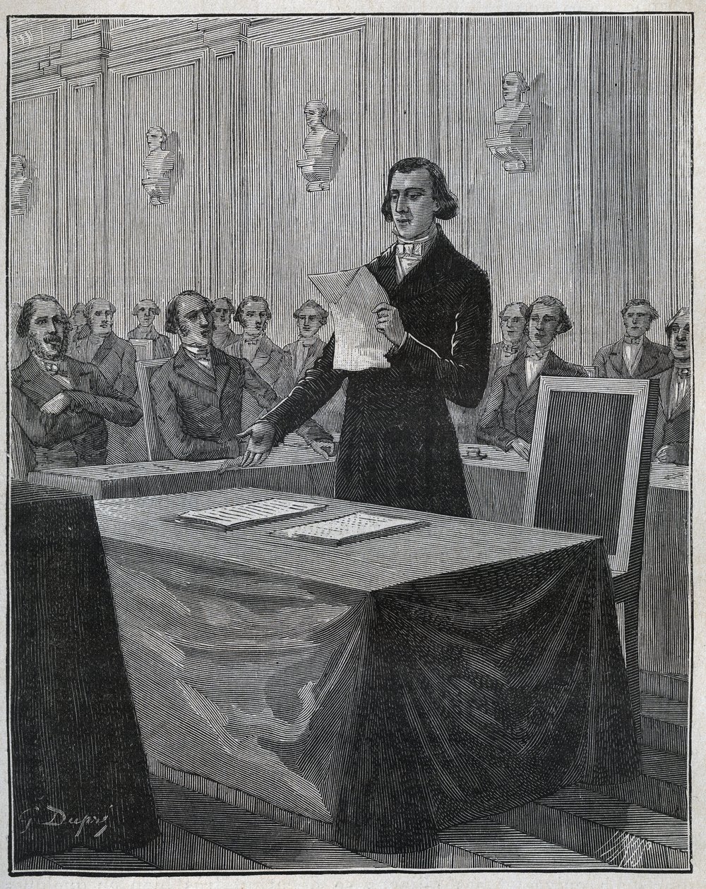 Jean Baptiste (Jean-Baptiste) Andre Dumas (1800-1884) fransk kjemiker presenterte for Vitenskapsakademiet sin rapport om oppfinnelsen Ruolz og Elkington. Gravering fra 1885 i "" Les arts et metiers illustres"" av Adolphe BITARD. av Anonymous Anonymous