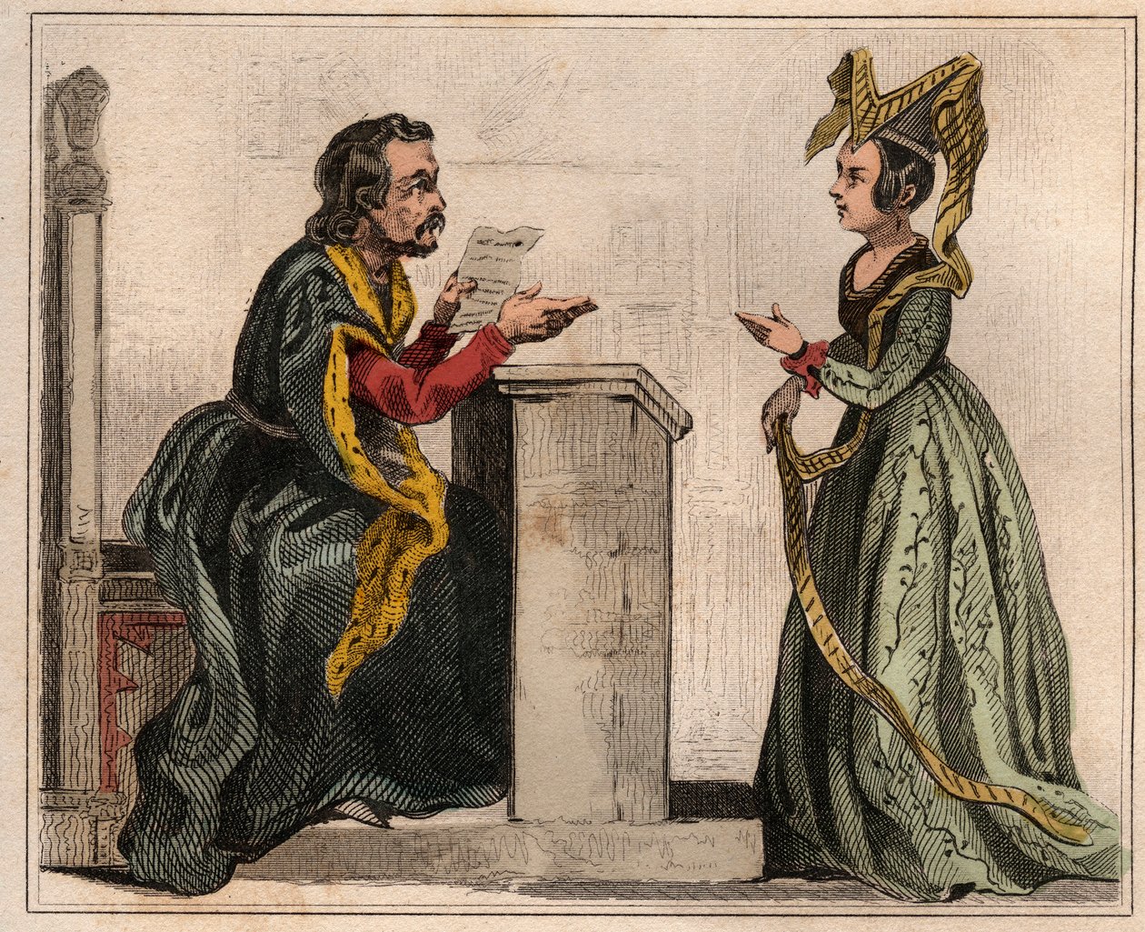 Jehan Pastoret (1328-1405), president for Paris-parlamentet under Charles Vs regjeringstid med en edel kvinne, iført en liripion. Gravering fra 1859 i “” Le Monde. Alle folkeslags historie fra de fjerneste tider til i dag». av M. E. de Lostal av Anonymous Anonymous
