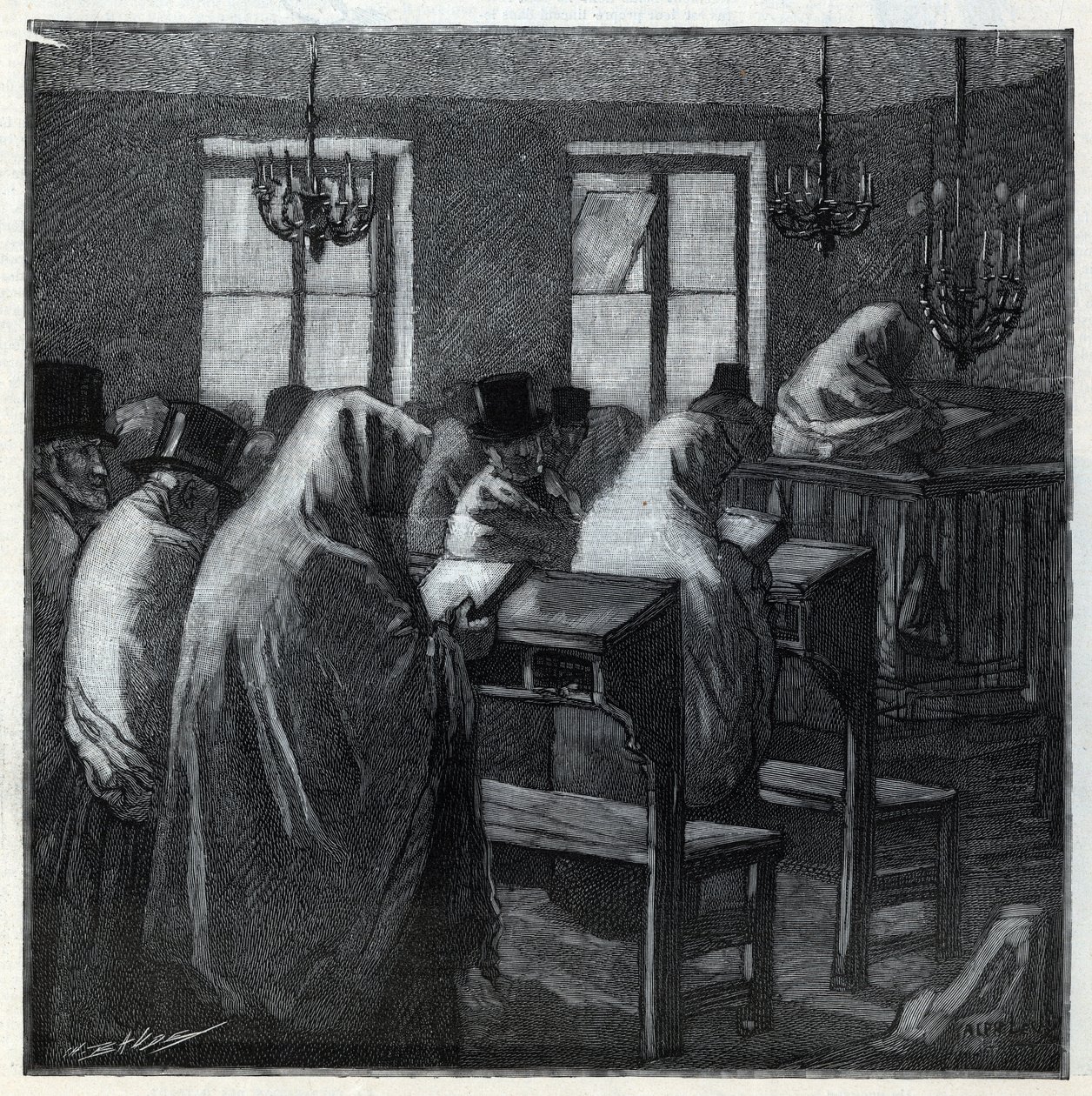 Jødiske høytider: fideles under bønnen inne i et oratorium i høytiden. Gravering i “Le monde illustree”” fra 1892. Privat samling. av Anonymous Anonymous