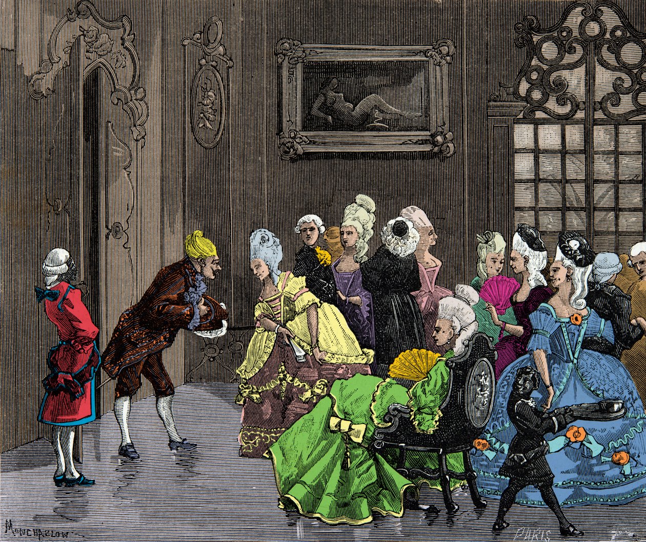 Joseph (Giuseppe) Balsamo (1743-1795), dette Alessandro Comte de Cagliostro mottatt av adelen i Versailles rundt 1750, gravering, privat samling av Anonymous Anonymous