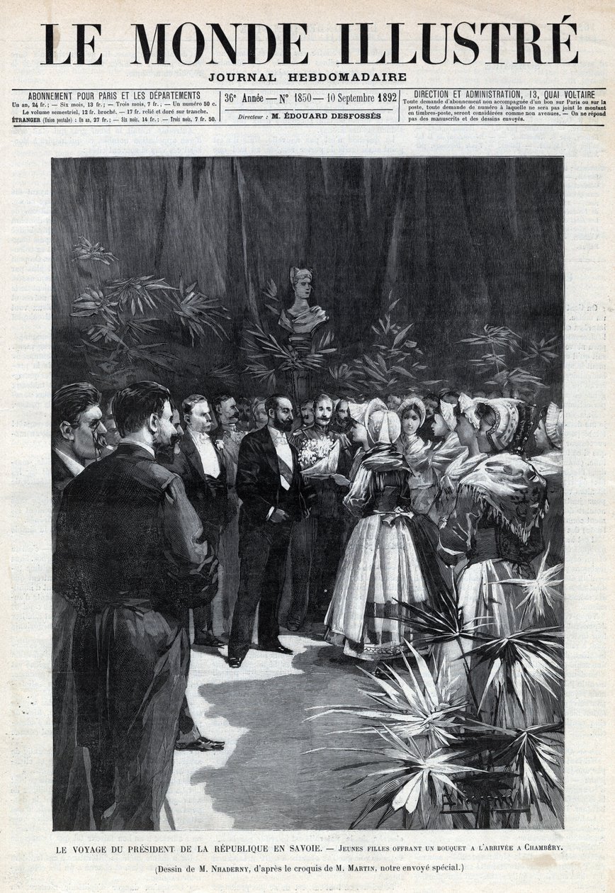 Reisen til Sadi Carnot (1837-1894) til Savoy: Republikkens president blir ønsket velkommen i Chambery av unge jenter som tilbyr ham en blomsterbukett. En avis. Gravering i “Le monde illustree”” fra 1892. Privat samling. av Anonymous Anonymous