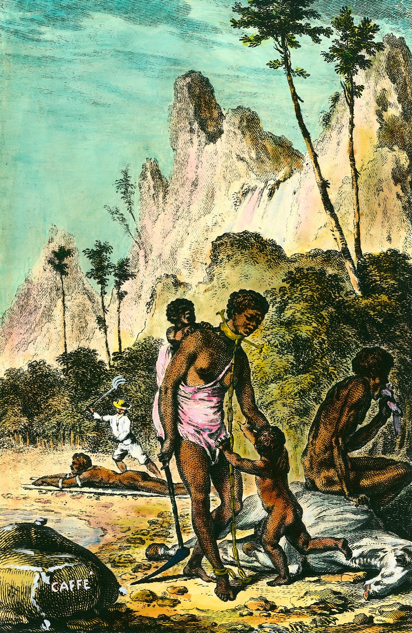 Reise til Ile de France (dagens Mauritius): slavenes arbeid. En hvit utnyttelsesmester pisker en slave som ligger på bakken. En kvinne bærer et halskjede med foten. Gravering fra 1700-tallet. Privat samling. av Anonymous Anonymous