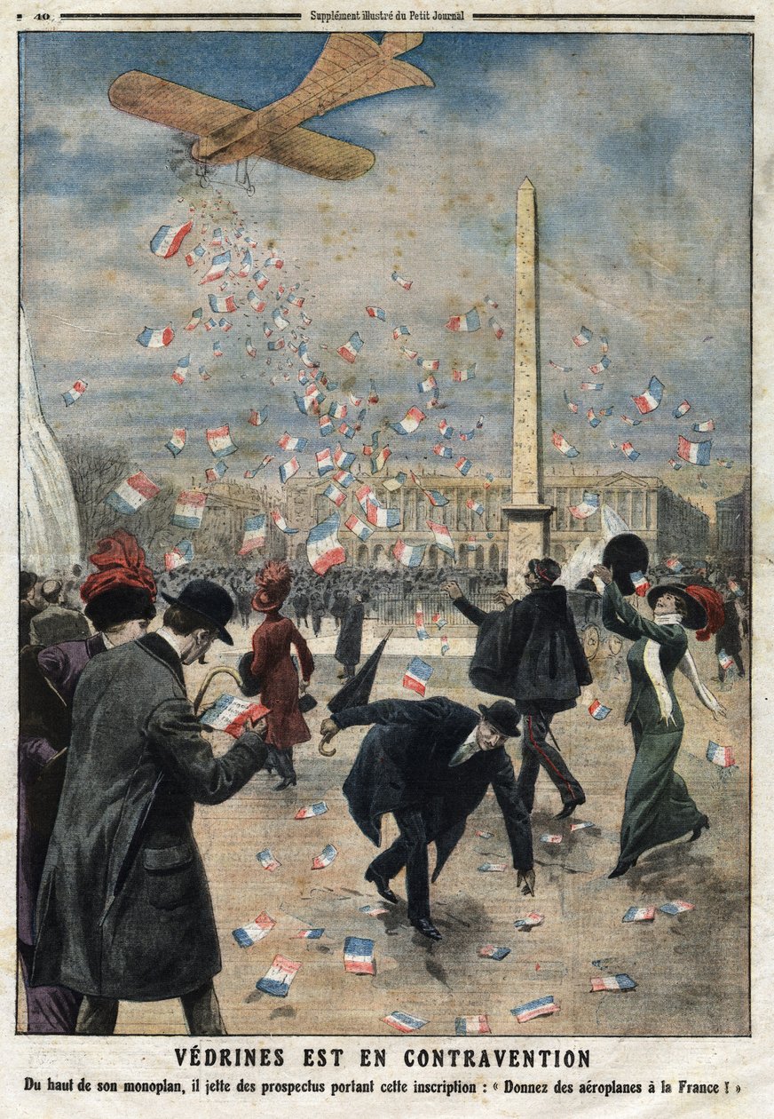 Jules Charles Toussaint Vedrines (1881-1919) er i strid: Fra toppen av monoplanet hans kaster han brosjyrer med inskripsjonen «Gi fly til Frankrike»» over Place de la Concorde i Paris. Gravering i "" Le Petite Journal"", den 4/02/19 av Anonymous Anonymous