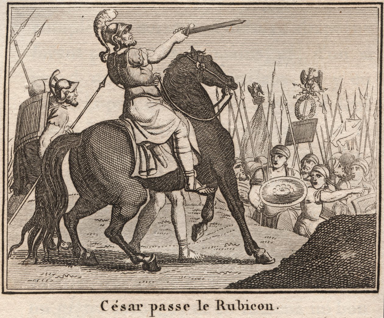 Julius Caesar (100-44 f.Kr.) Krysser Rubicon - "" Le Passage du Rubicon av Jules Cesar"" Den romerske generalen Jules Cesar krysset Rubicon den 11/01/49 f.Kr. som utgjør skillet mellom Cisalpine Gallia og Italia - Gravering i "" The Rollin of Yo av Anonymous Anonymous