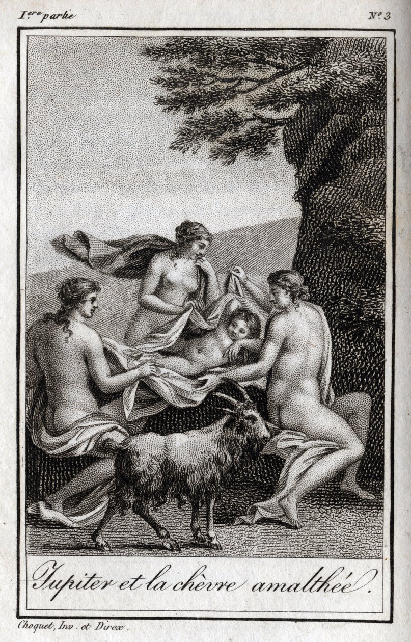 Jupiter child fed by the goat Amalthee. Engraving from 1819 in “Lettres a Emilie sur la mythologie” by Charles Albert Demoustier (1760-1801). Private collection. av Anonymous Anonymous