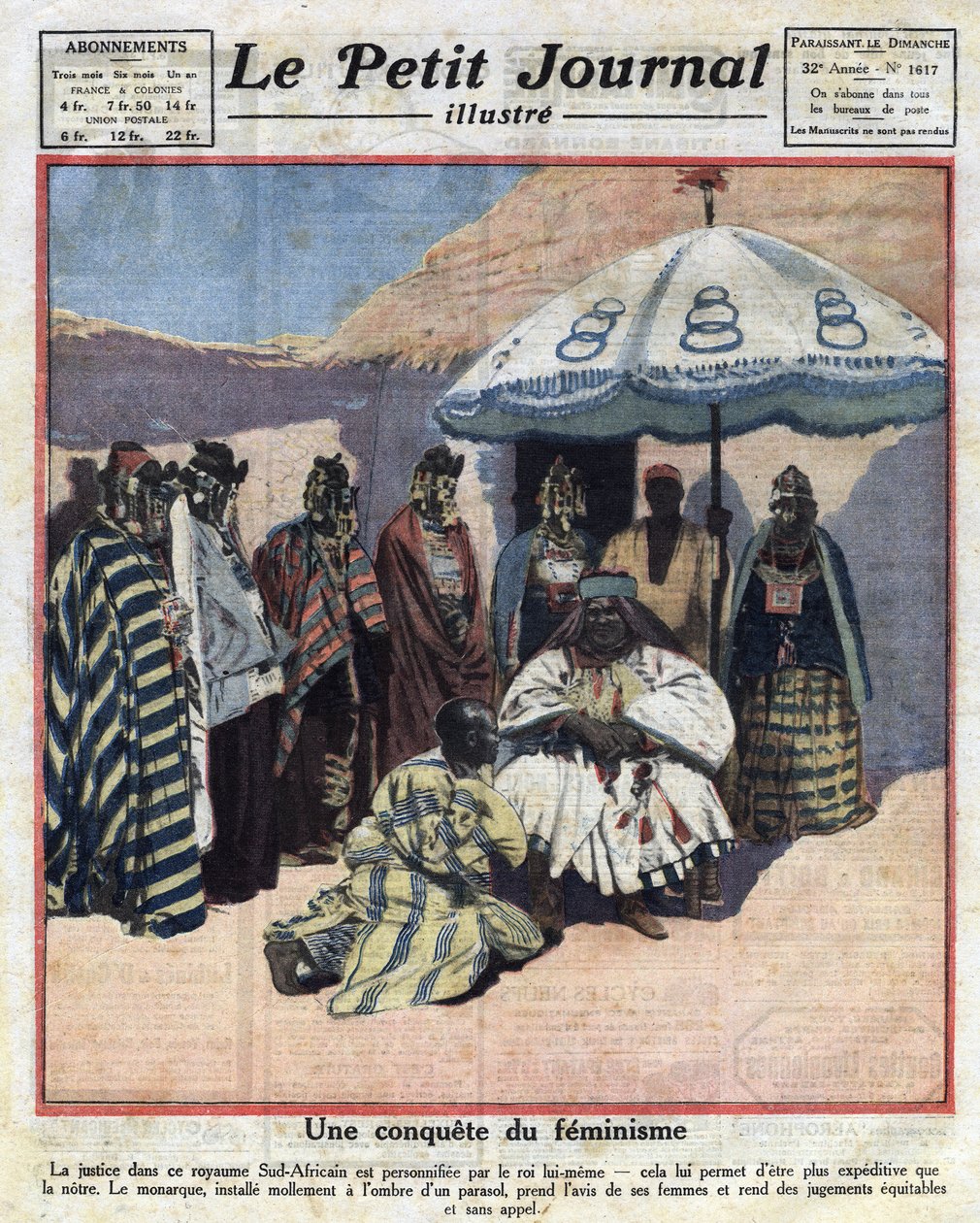 Rettshåndhevelse og feminisme i svarte afrikanske land: en sørafrikansk konge rådfører seg med kvinnene sine før han dømmer. Illustrasjon hentet fra “” Le petit journal”” fra 18/12/1921 Samling privee av Anonymous Anonymous